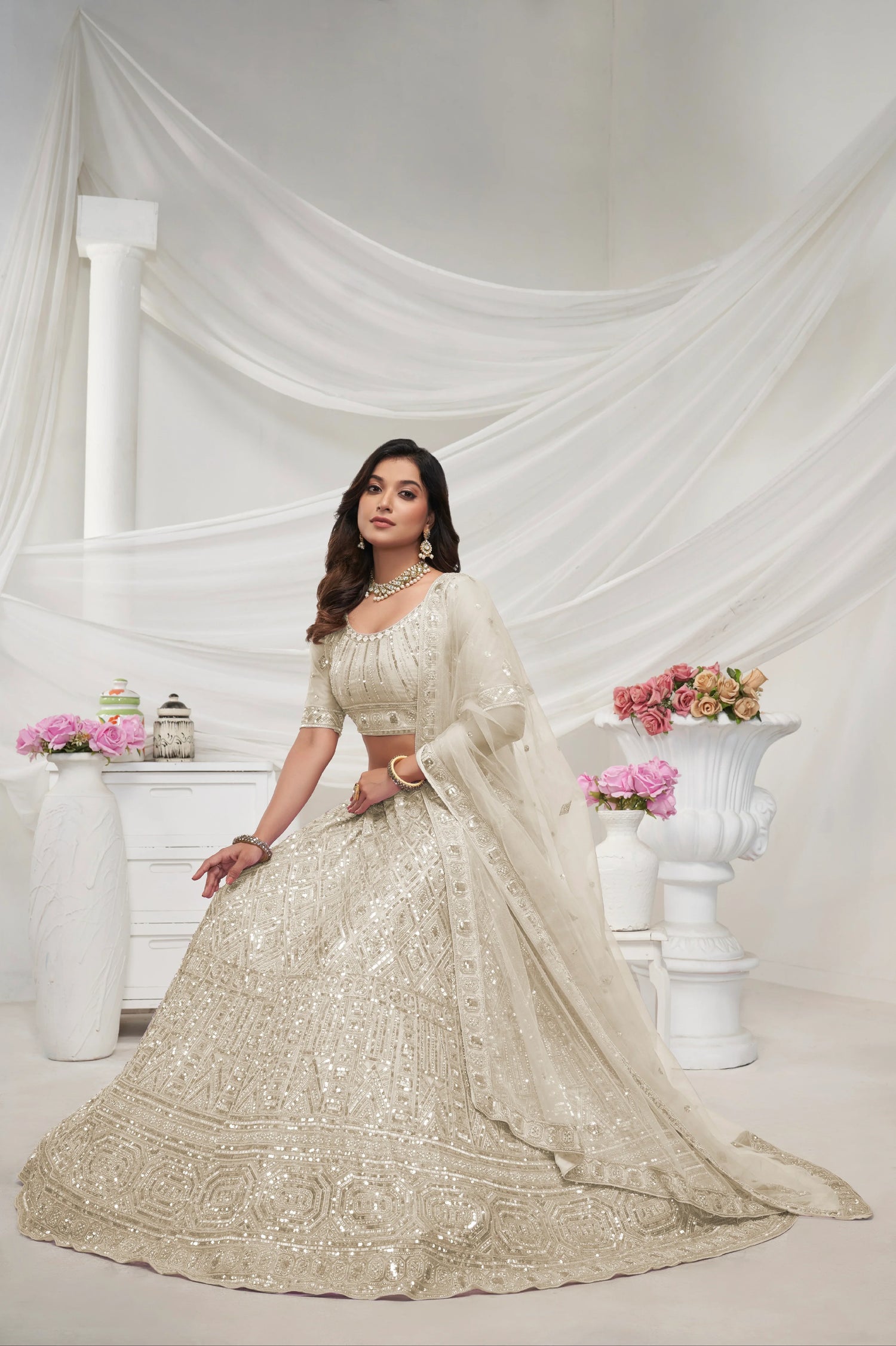 Ivory Soft Net Lehenga Choli Set - Pearl &amp; Diamond Sequin Embroidery
