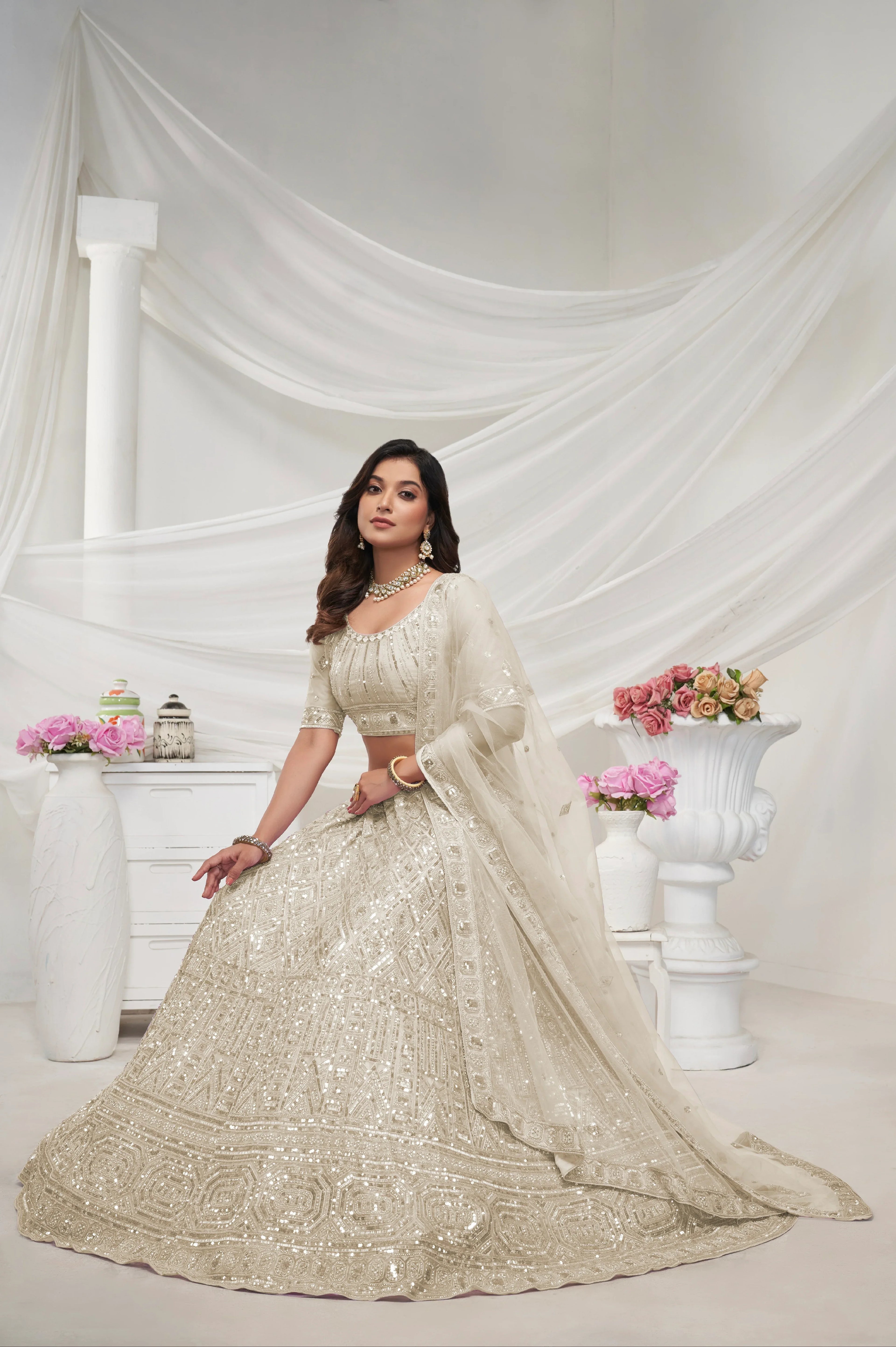 Ivory Soft Net Lehenga Choli Set - Pearl &amp; Diamond Sequin Embroidery