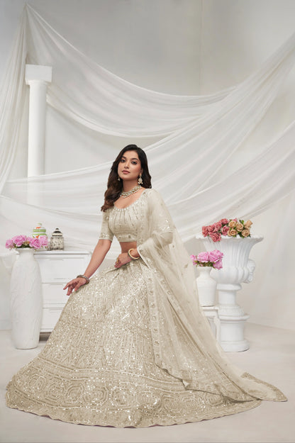 Ivory Soft Net Lehenga Choli Set - Pearl &amp; Diamond Sequin Embroidery