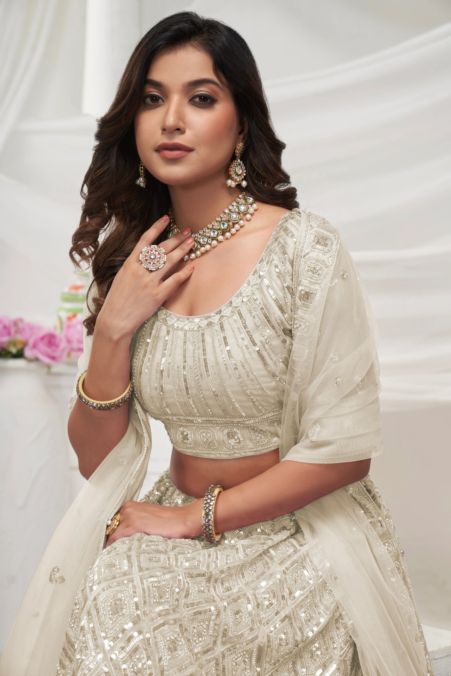 Ivory Soft Net Lehenga Choli Set - Pearl &amp; Diamond Sequin Embroidery