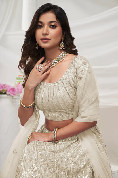 Ivory Soft Net Lehenga Choli Set - Pearl &amp; Diamond Sequin Embroidery