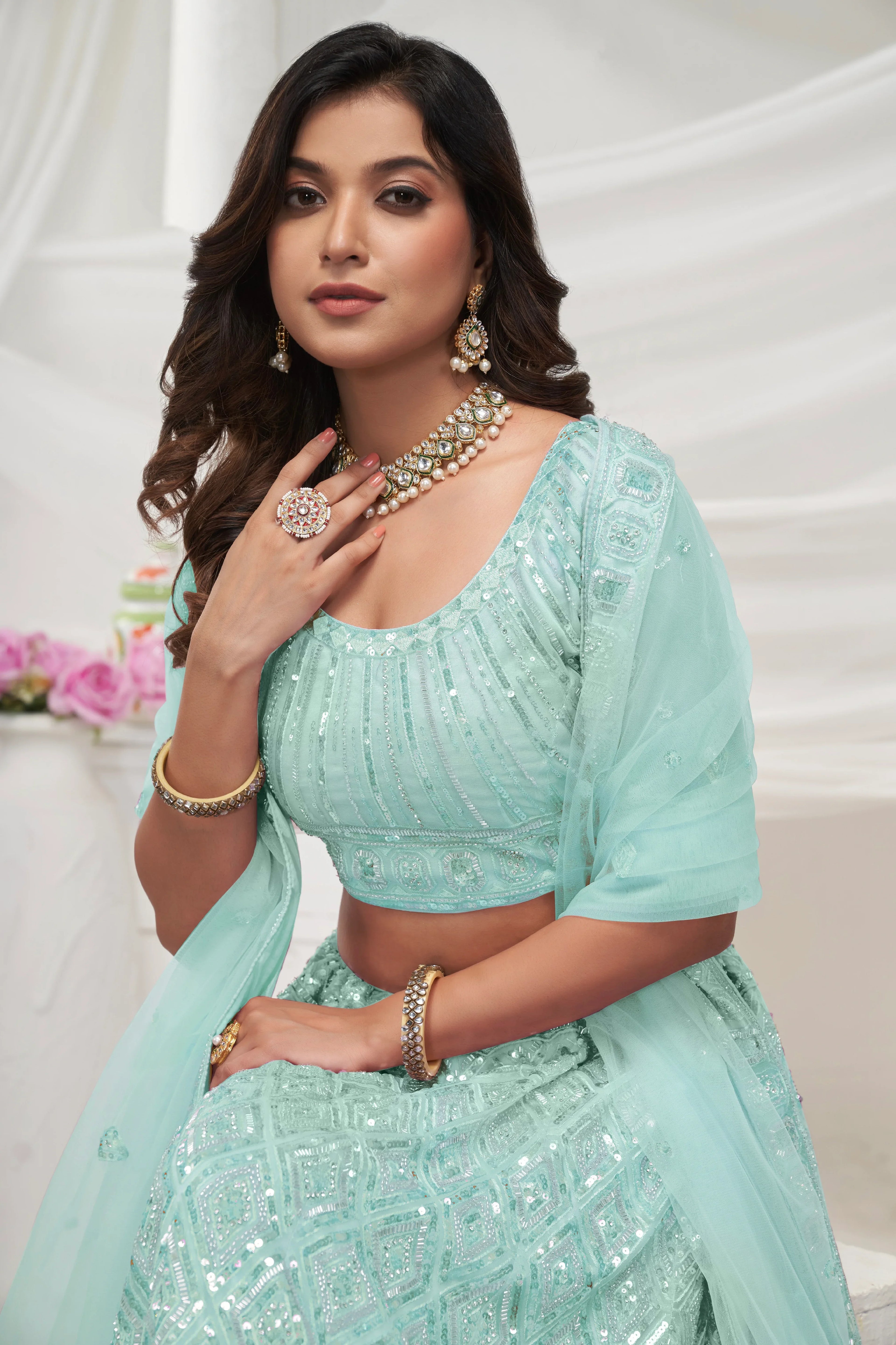 Sky Blue Soft Net Lehenga Choli Set - Pearl &amp; Diamond Sequin Work