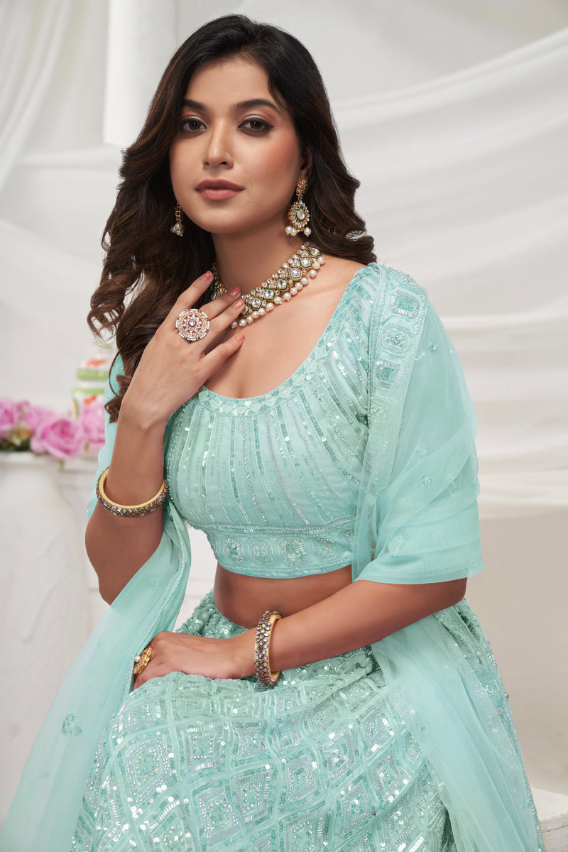 Sky Blue Soft Net Lehenga Choli Set - Pearl & Diamond Sequin Work
