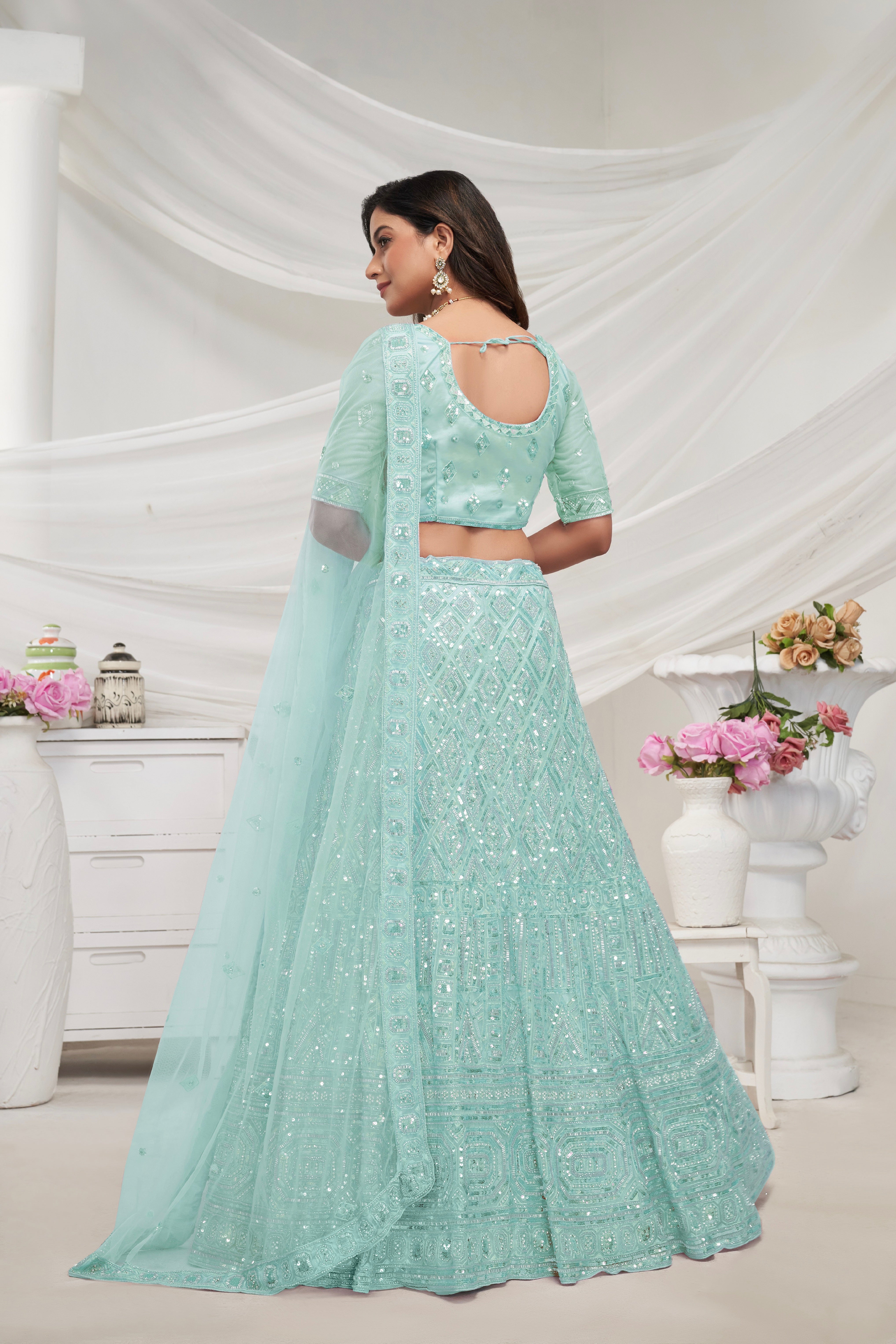 Sky Blue Soft Net Lehenga Choli Set - Pearl & Diamond Sequin Work