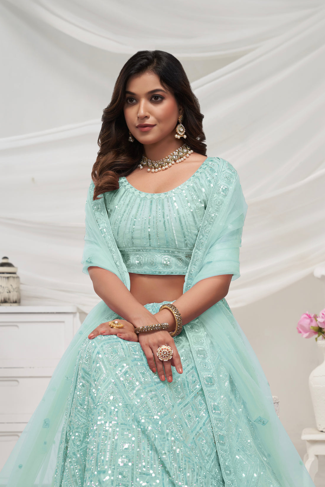 Sky Blue Soft Net Lehenga Choli Set - Pearl & Diamond Sequin Work