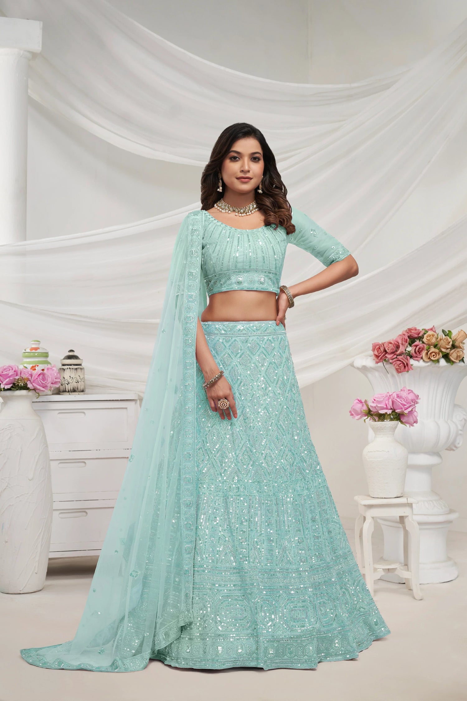 Sky Blue Soft Net Lehenga Choli Set - Pearl &amp; Diamond Sequin Work