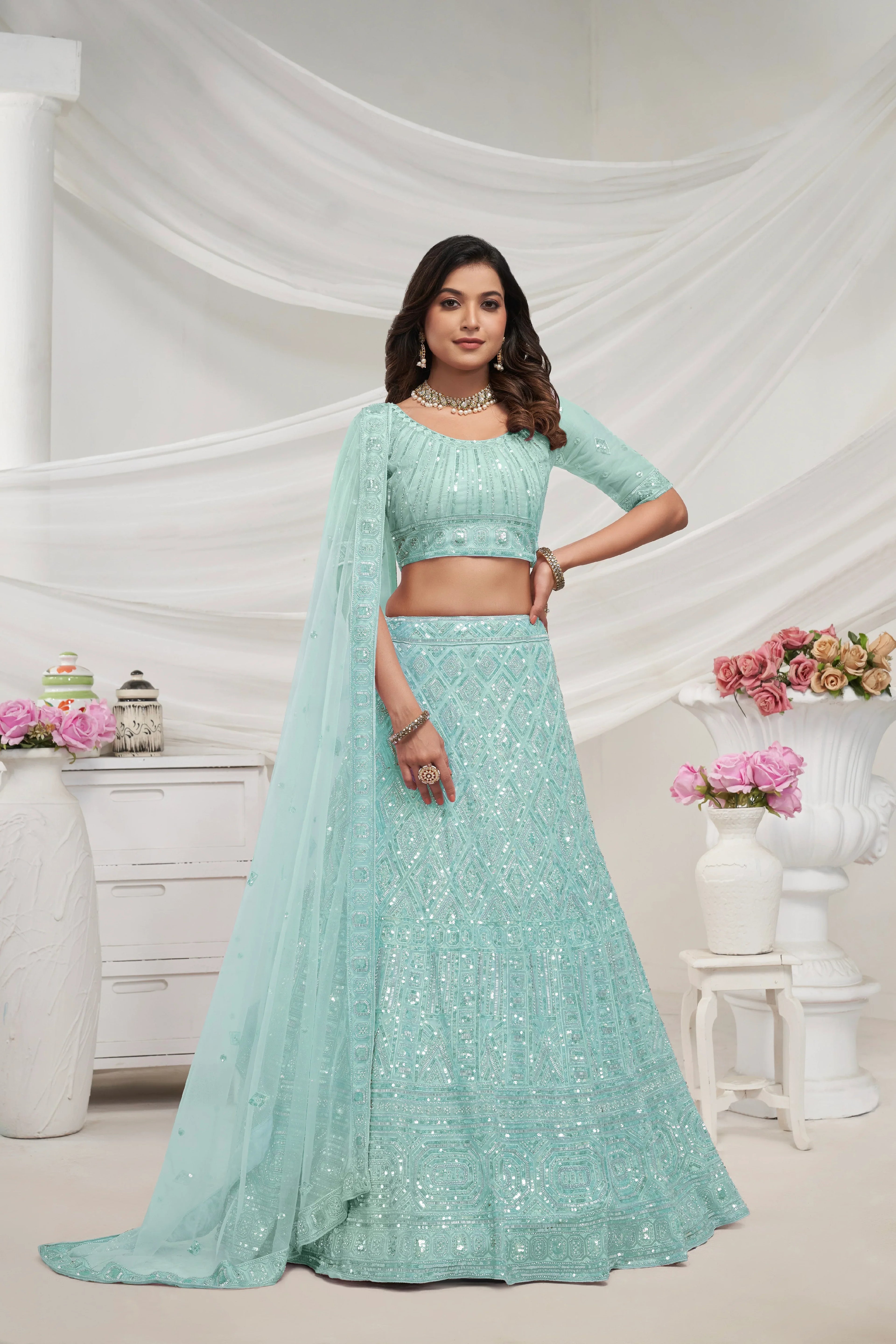 Sky Blue Soft Net Lehenga Choli Set - Pearl &amp; Diamond Sequin Work
