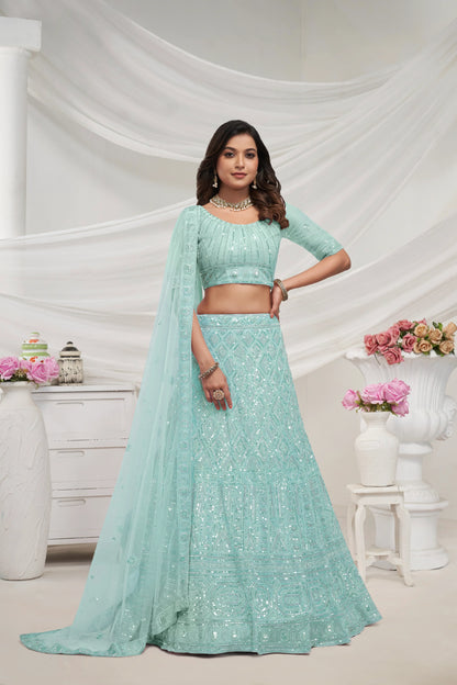 Sky Blue Soft Net Lehenga Choli Set - Pearl &amp; Diamond Sequin Work