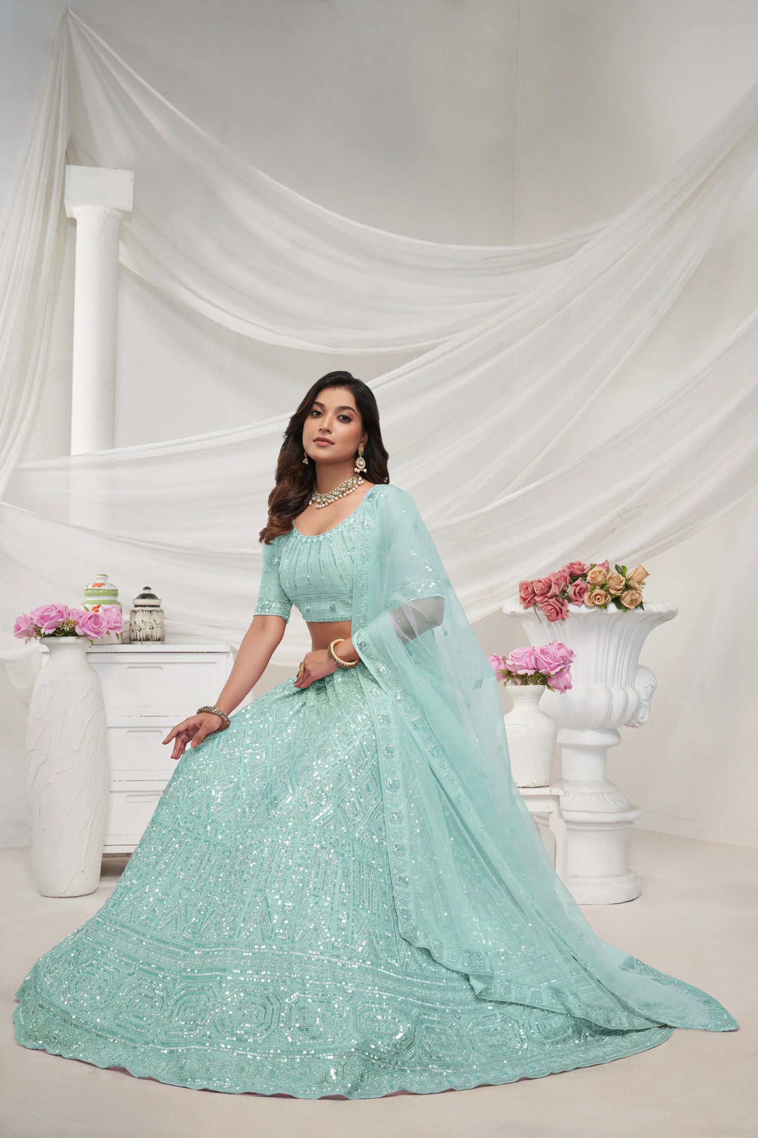 Sky Blue Soft Net Lehenga Choli Set - Pearl &amp; Diamond Sequin Work