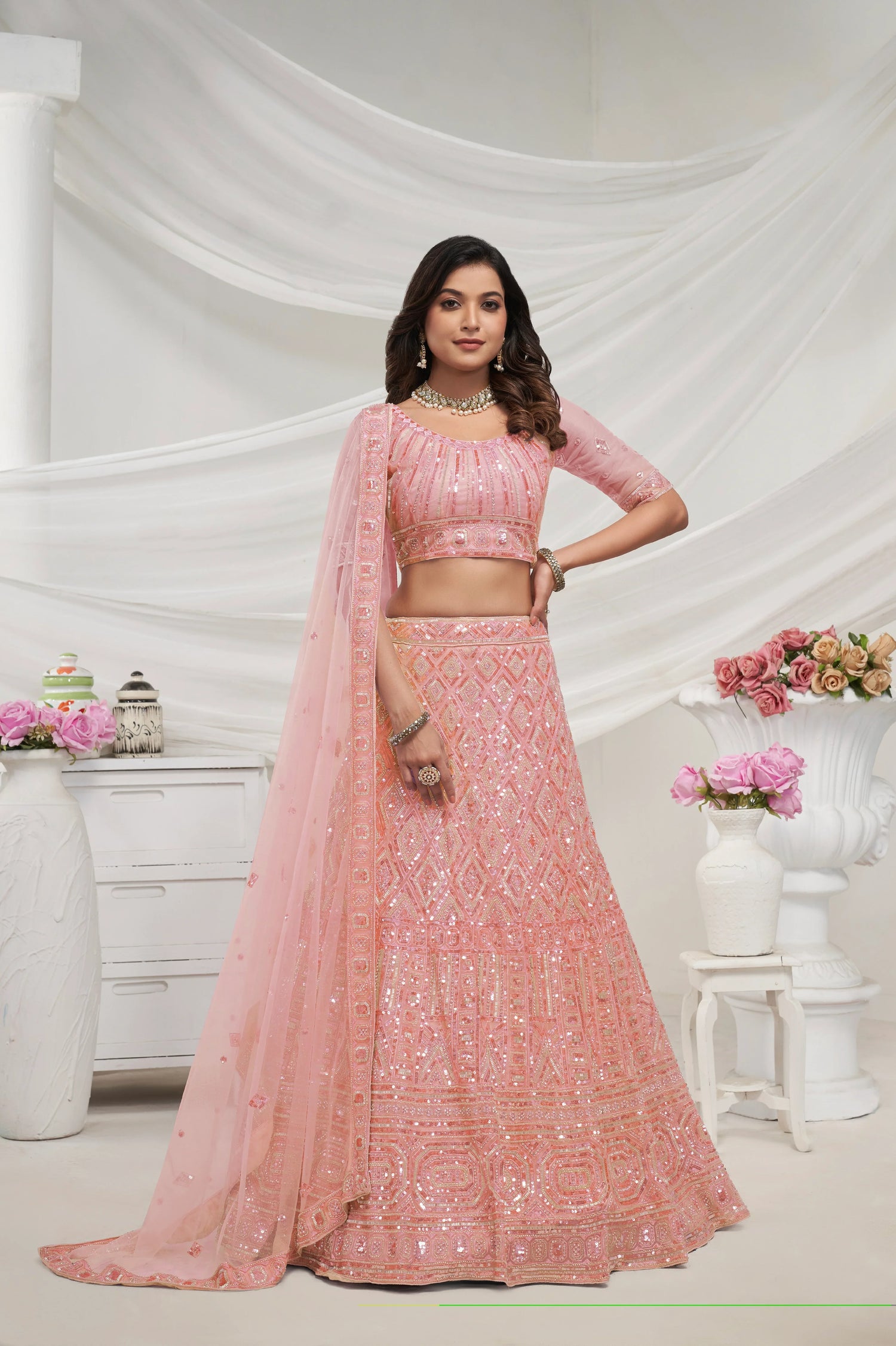 Elegant Peach Soft Net Lehenga Choli with Pearl &amp; Diamond Sequin Work