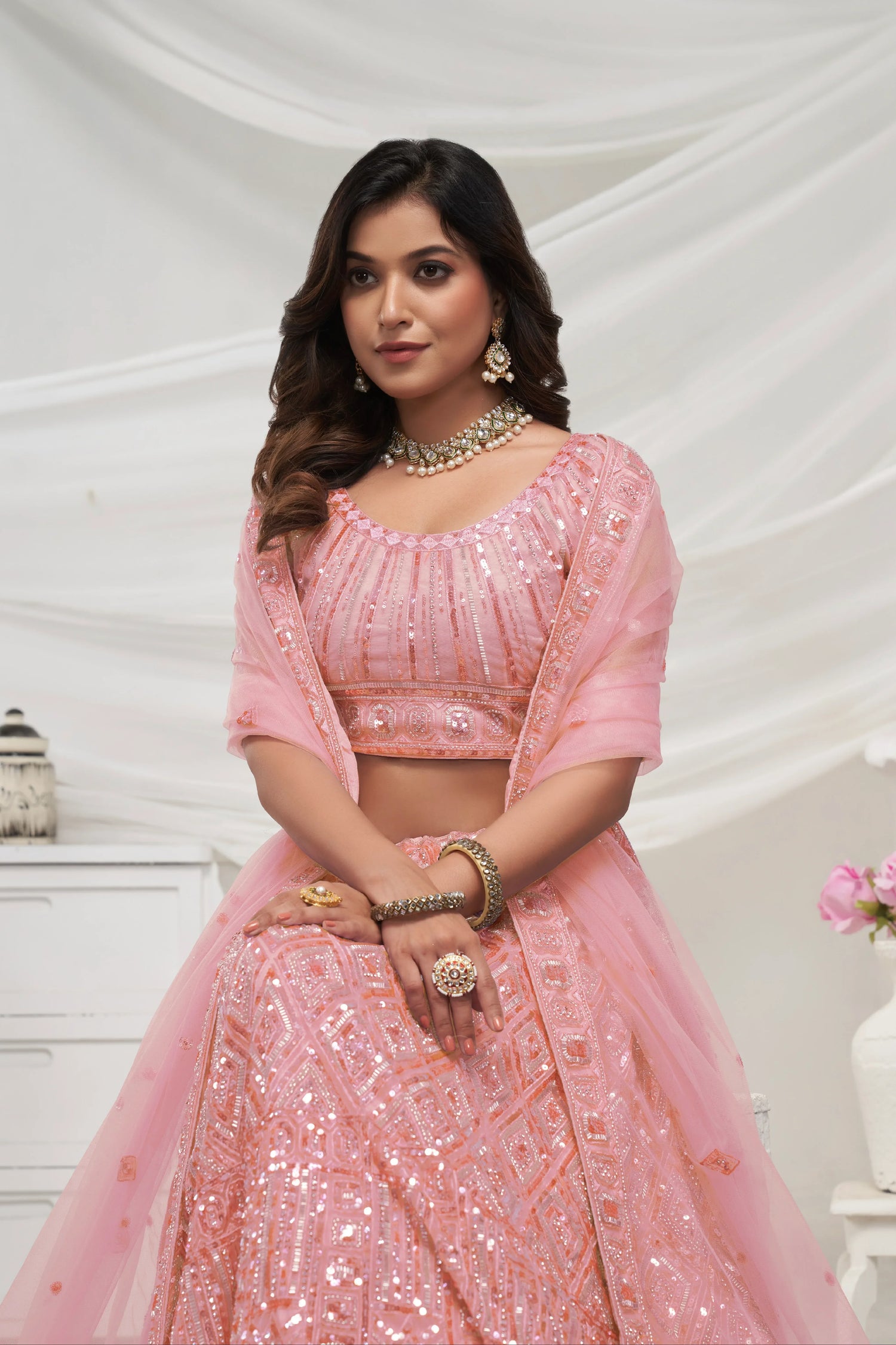 Elegant Peach Soft Net Lehenga Choli with Pearl &amp; Diamond Sequin Work