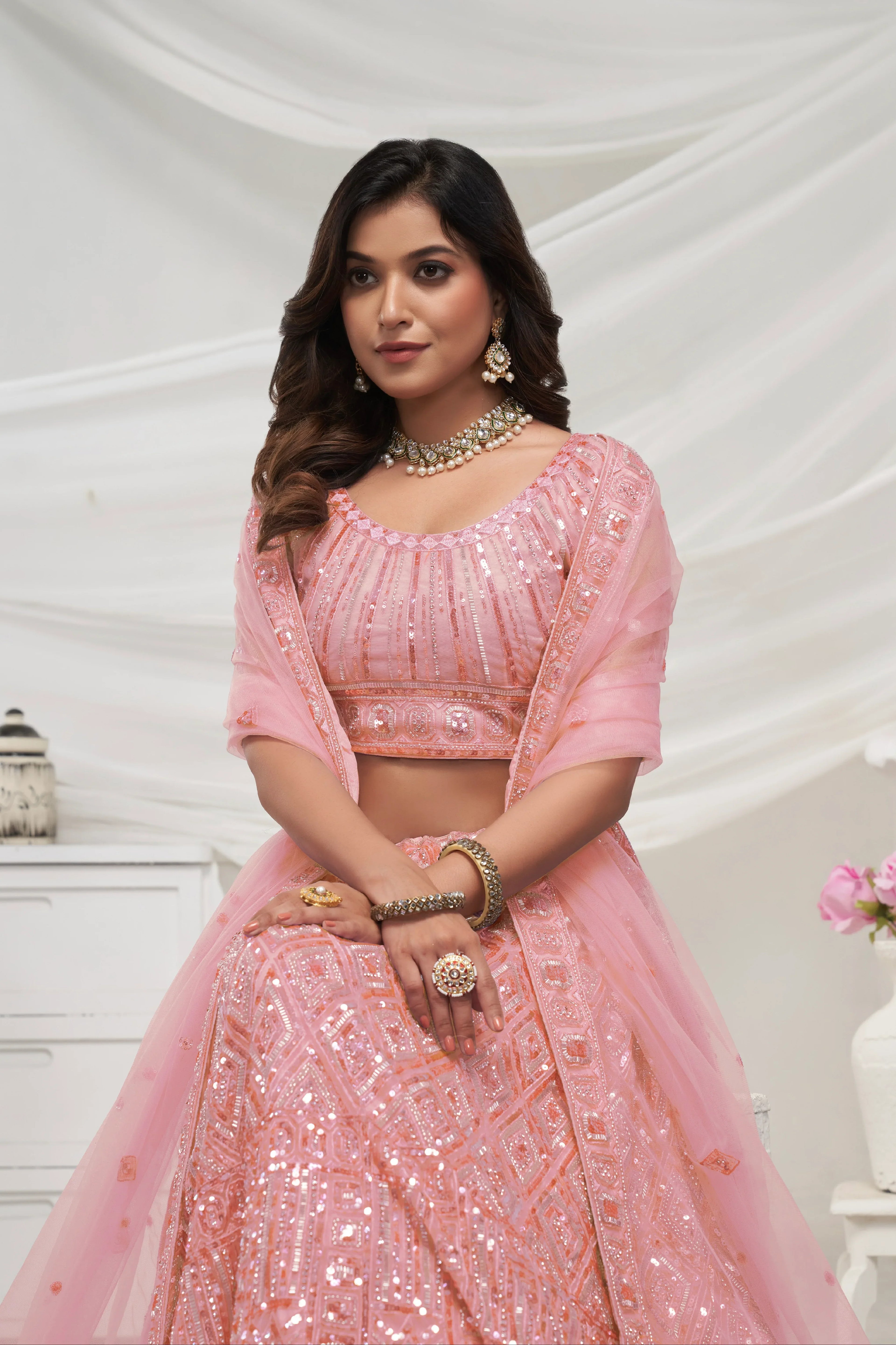 Elegant Peach Soft Net Lehenga Choli with Pearl &amp; Diamond Sequin Work