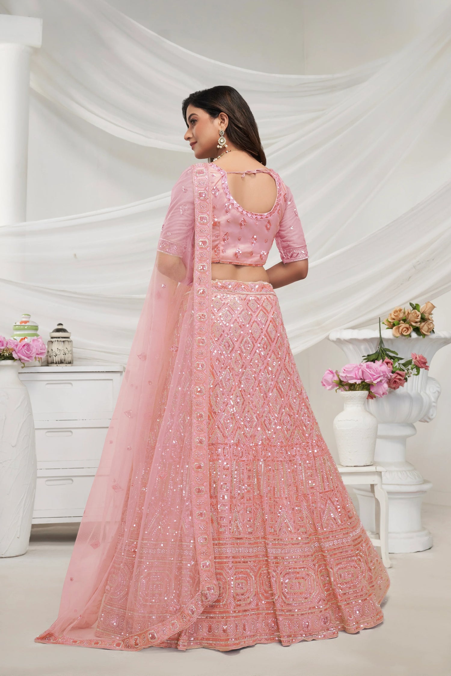 Elegant Peach Soft Net Lehenga Choli with Pearl &amp; Diamond Sequin Work