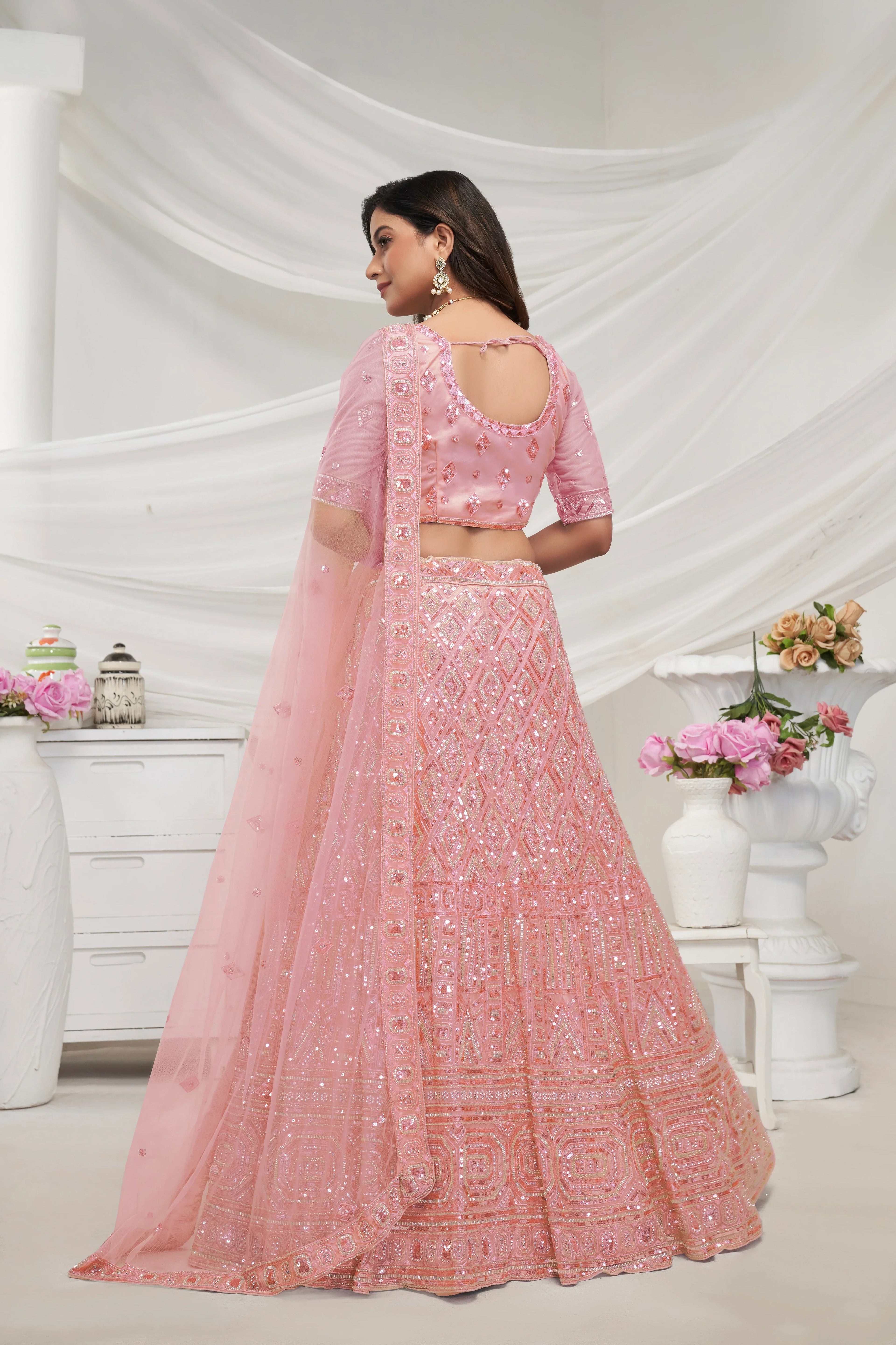 Elegant Peach Soft Net Lehenga Choli with Pearl &amp; Diamond Sequin Work