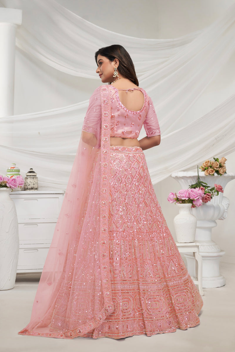 Elegant Peach Soft Net Lehenga Choli with Pearl & Diamond Sequin Work