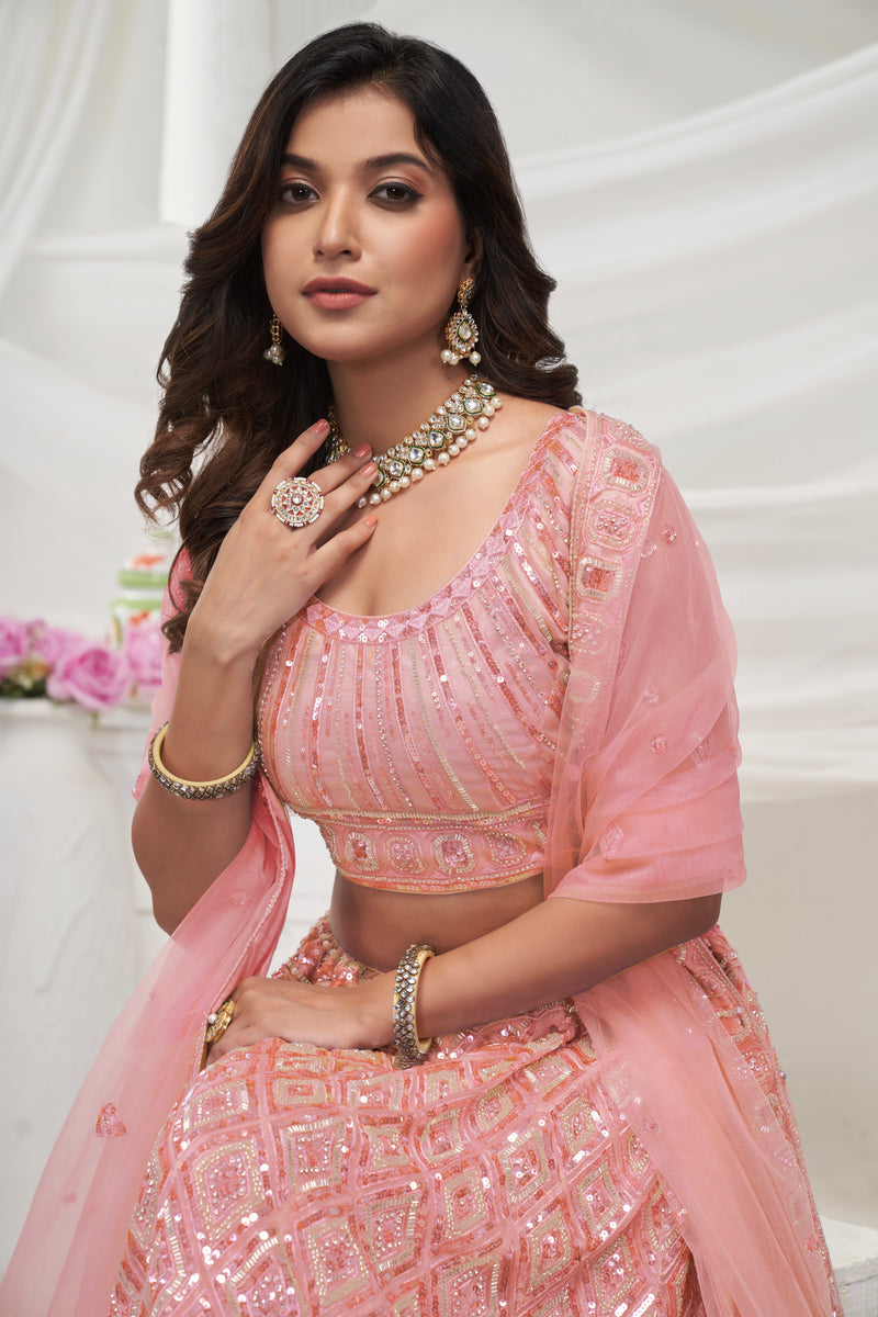 Elegant Peach Soft Net Lehenga Choli with Pearl & Diamond Sequin Work