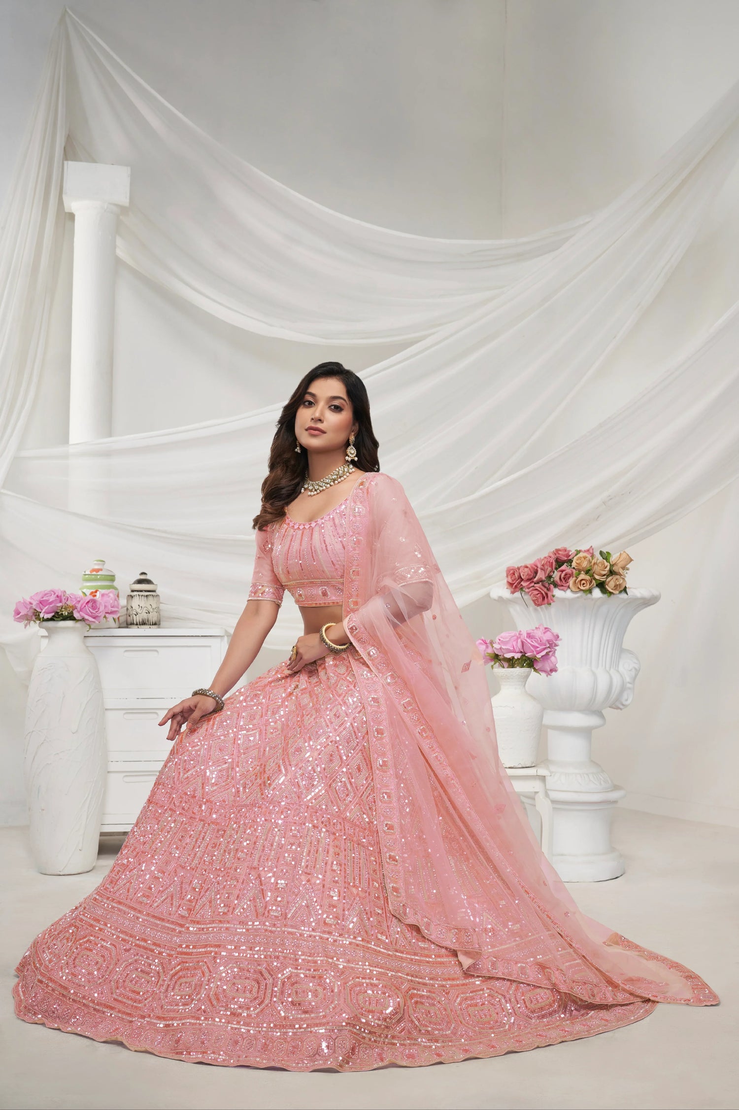 Elegant Peach Soft Net Lehenga Choli with Pearl &amp; Diamond Sequin Work