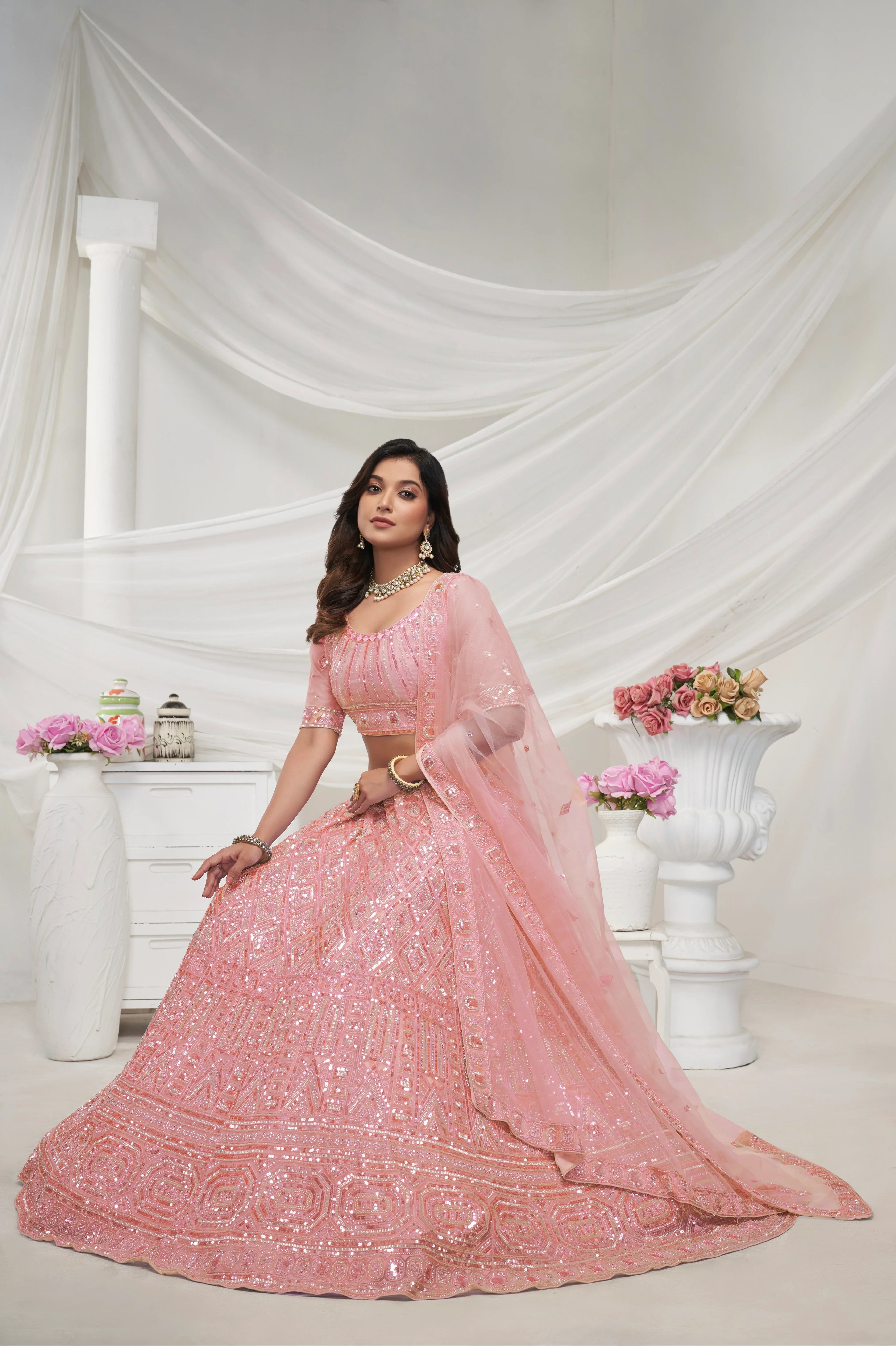 Elegant Peach Soft Net Lehenga Choli with Pearl &amp; Diamond Sequin Work
