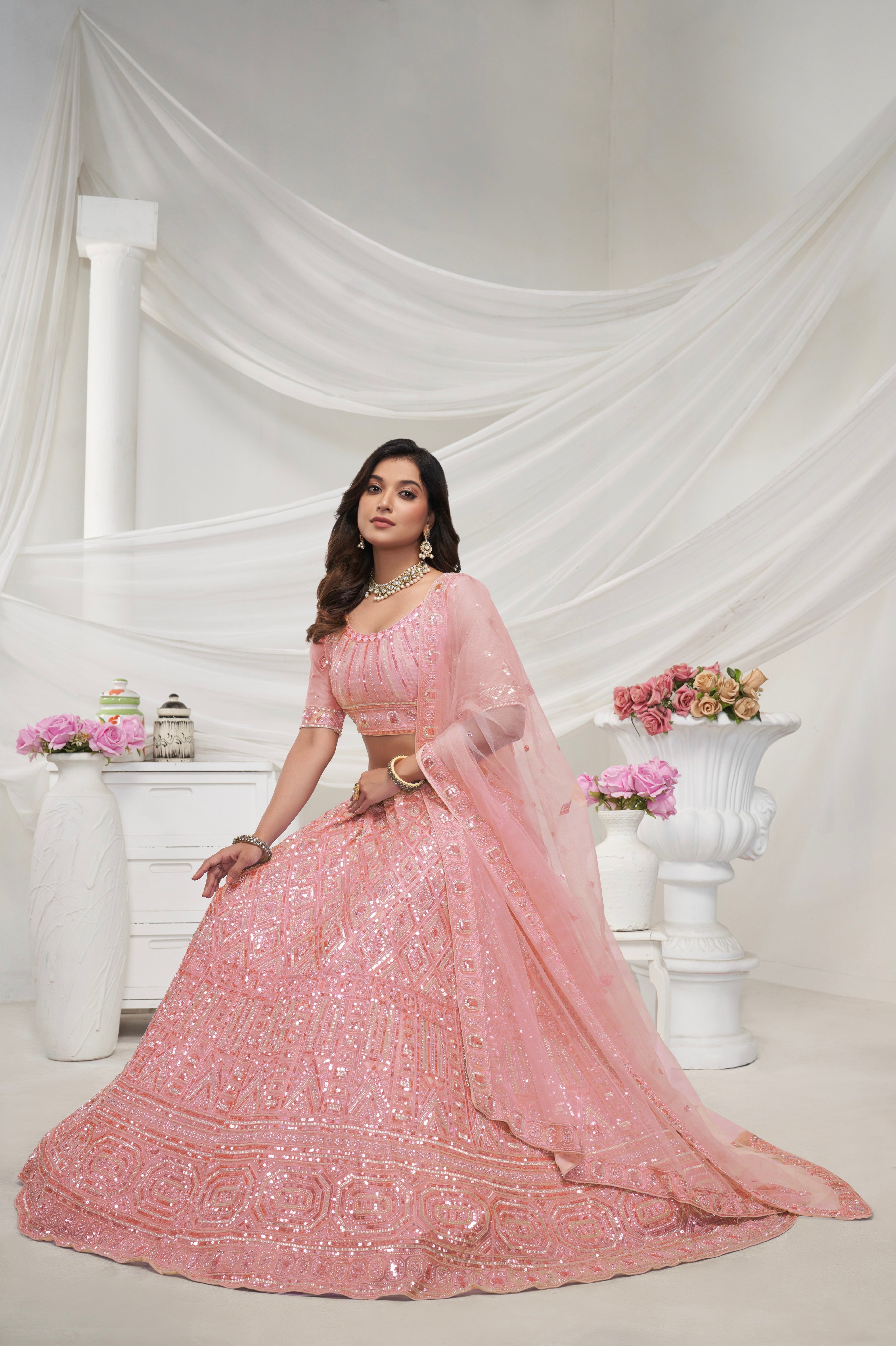 Elegant Peach Soft Net Lehenga Choli with Pearl & Diamond Sequin Work