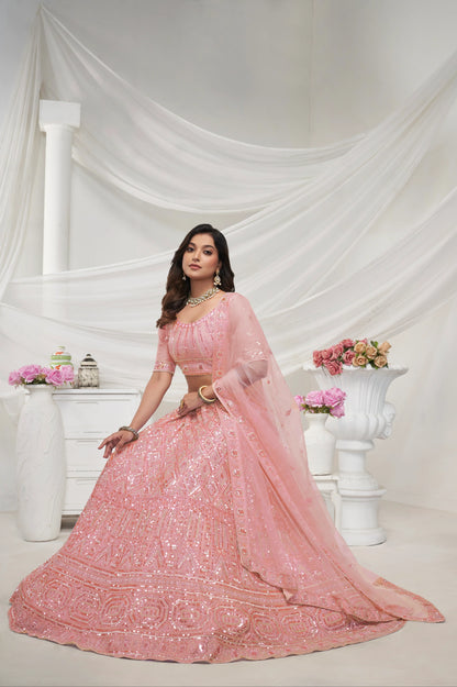 Elegant Peach Soft Net Lehenga Choli with Pearl &amp; Diamond Sequin Work