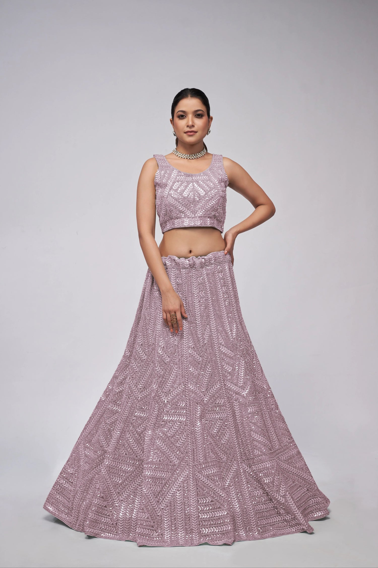 Elegant Mauve Net Lehenga with Sequin Leaves - Bridal Wear