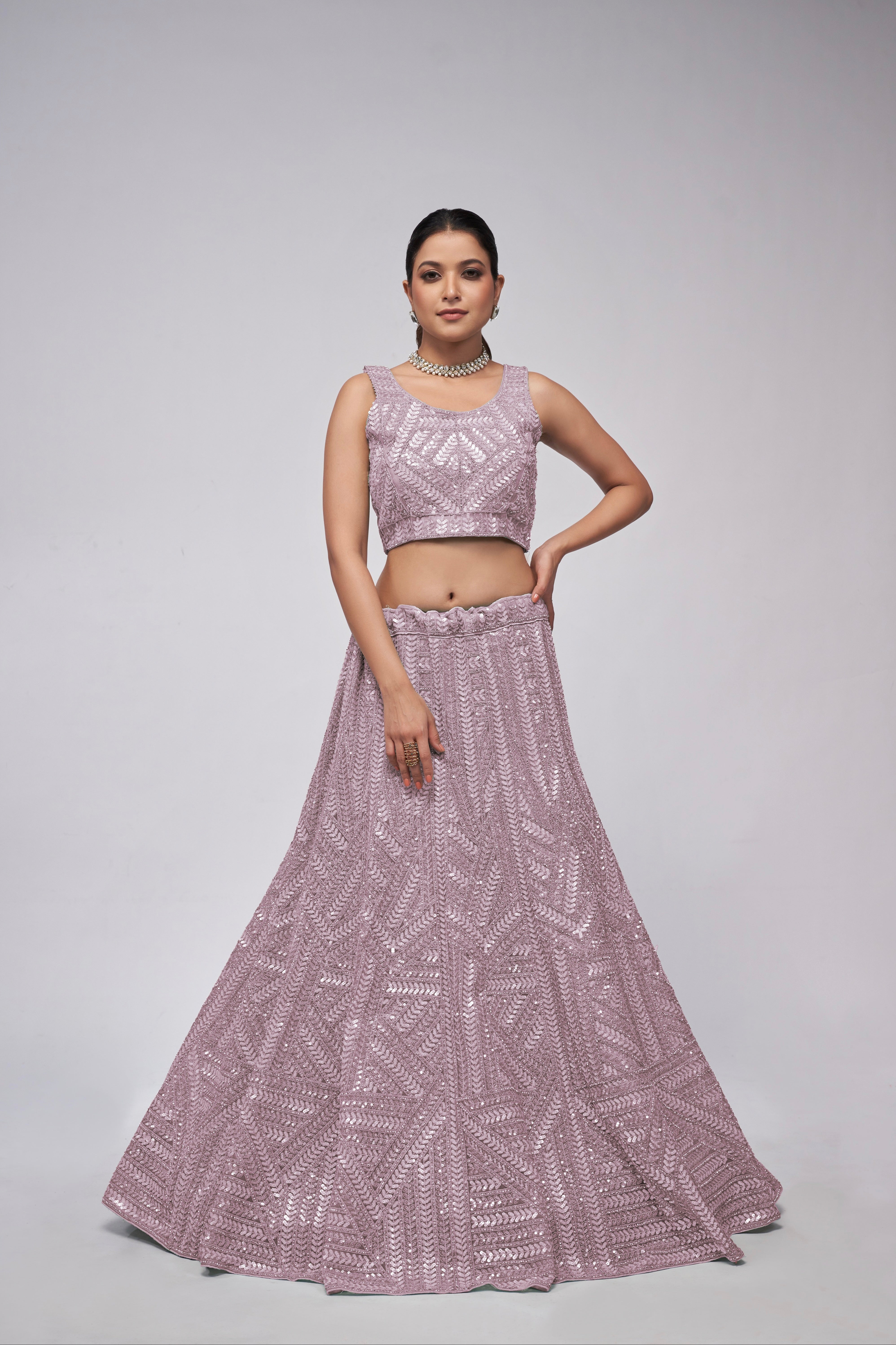 Elegant Mauve Net Lehenga with Sequin Leaves - Bridal Wear