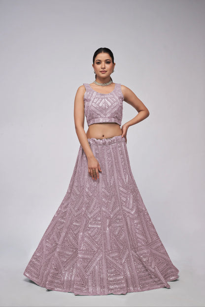 Elegant Mauve Net Lehenga with Sequin Leaves - Bridal Wear