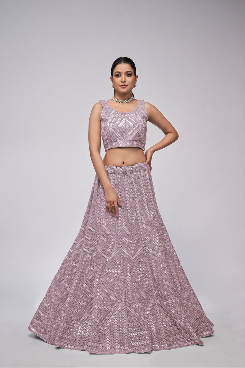 Elegant Mauve Net Lehenga with Sequin Leaves - Bridal Wear
