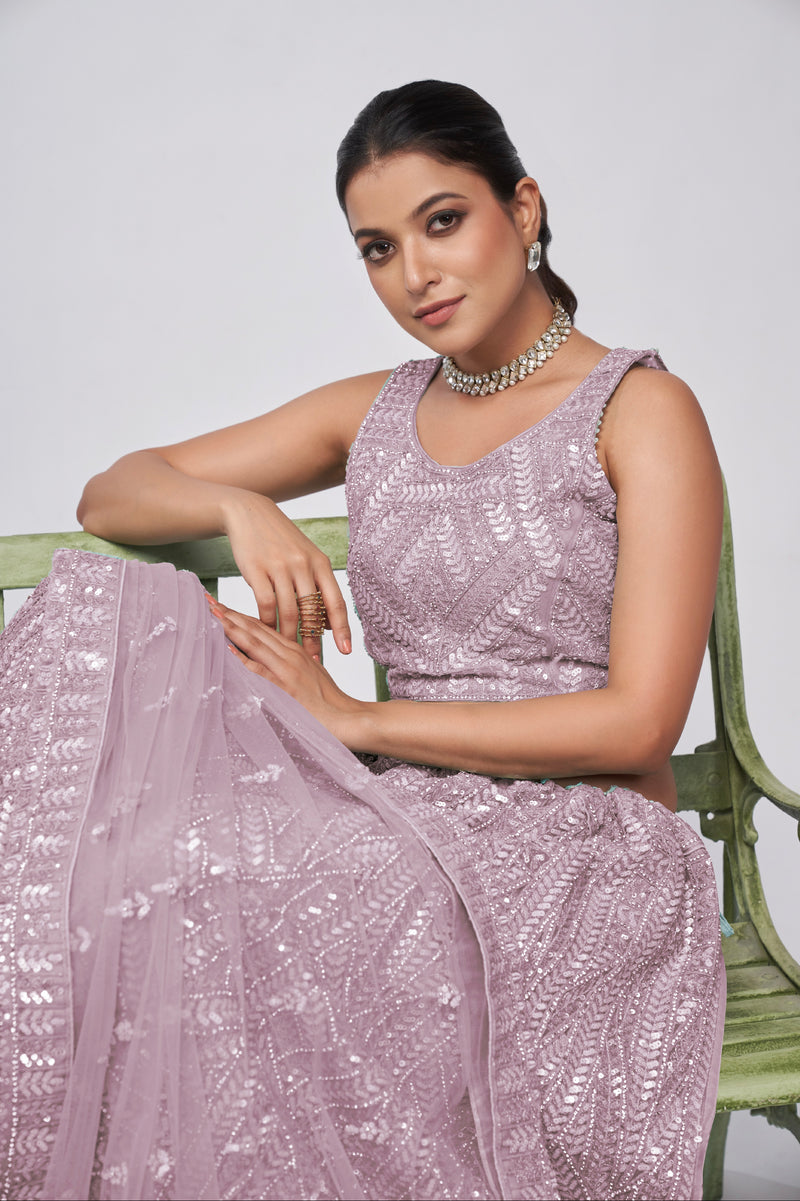 Elegant Mauve Net Lehenga with Sequin Leaves - Bridal Wear