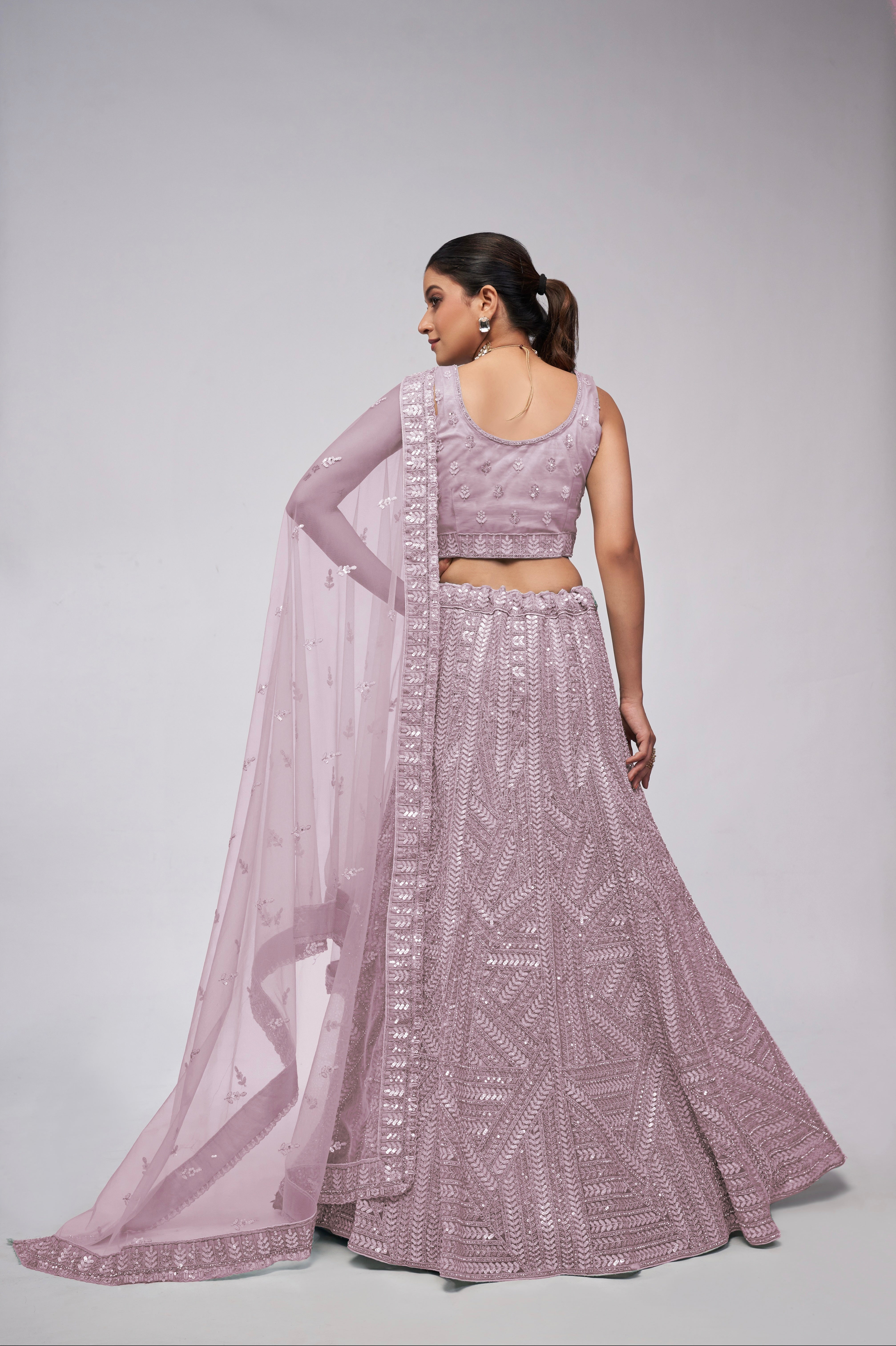 Elegant Mauve Net Lehenga with Sequin Leaves - Bridal Wear