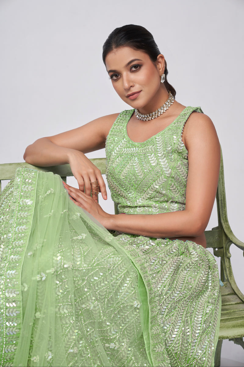 Elegant Green Net Lehenga with Sequin Leaves - Bridal Wear
