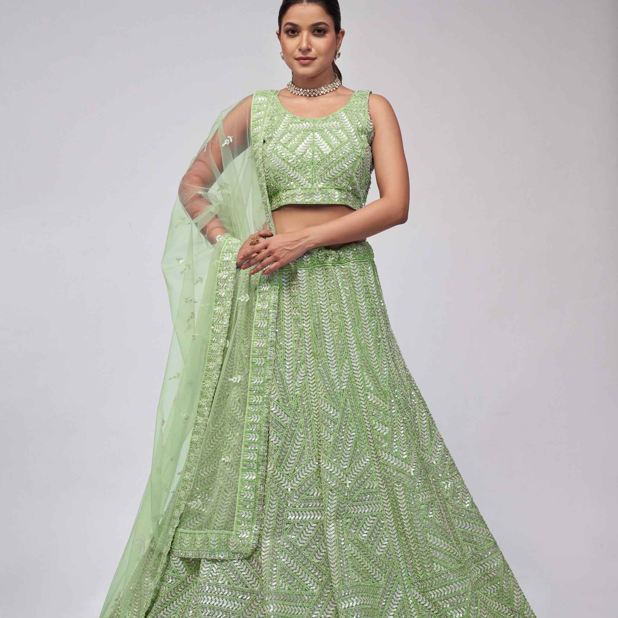 Elegant Green Net Lehenga with Sequin Leaves - Bridal Wear