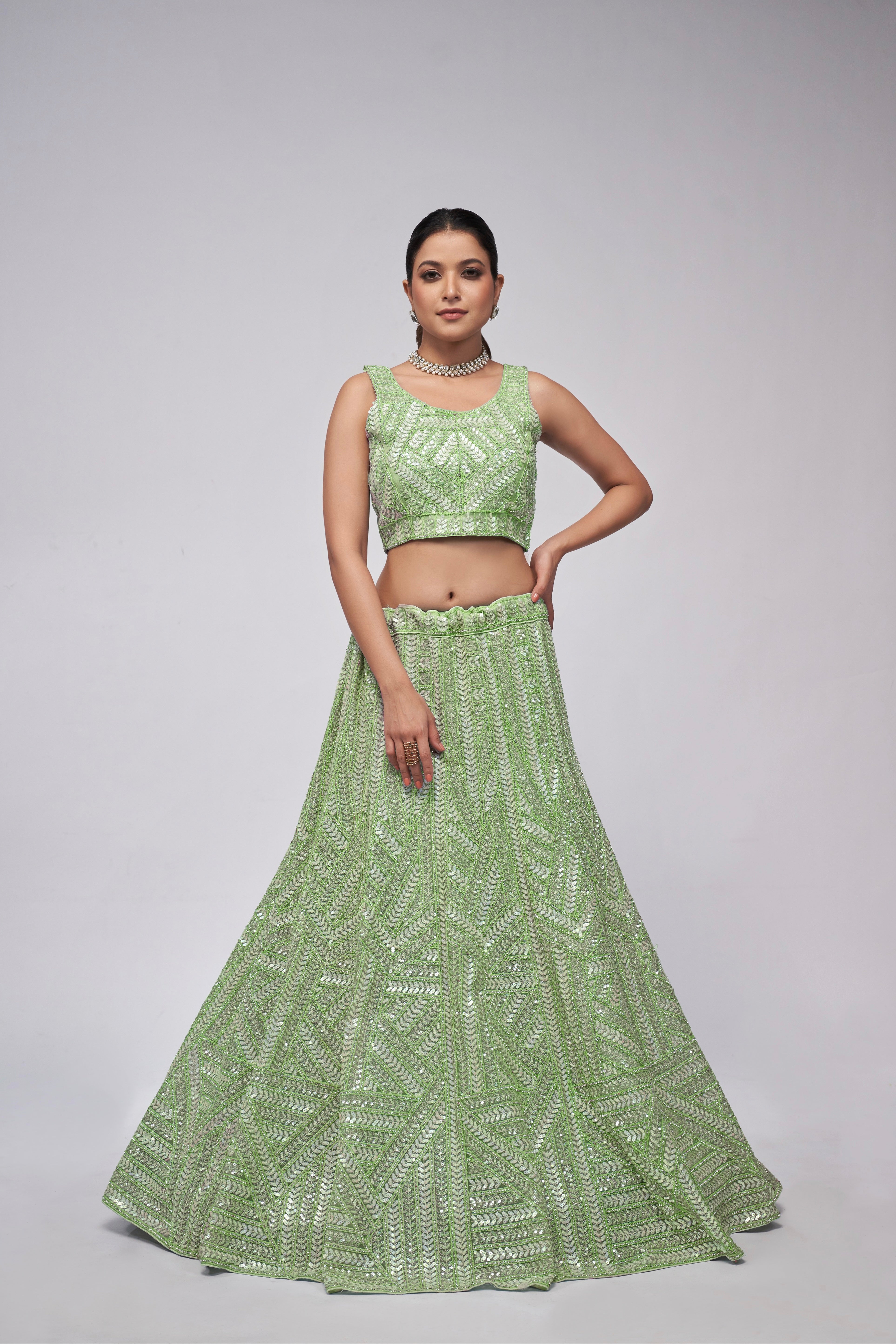 Elegant Green Net Lehenga with Sequin Leaves - Bridal Wear