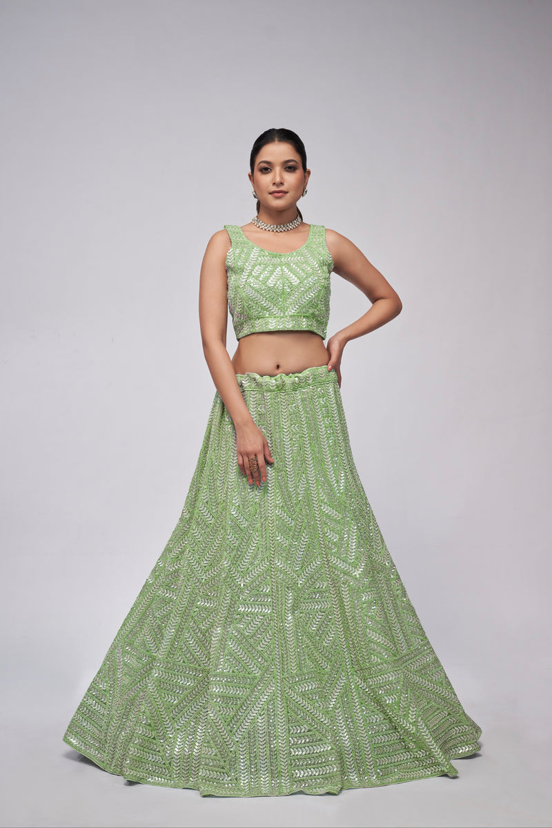 Elegant Green Net Lehenga with Sequin Leaves - Bridal Wear