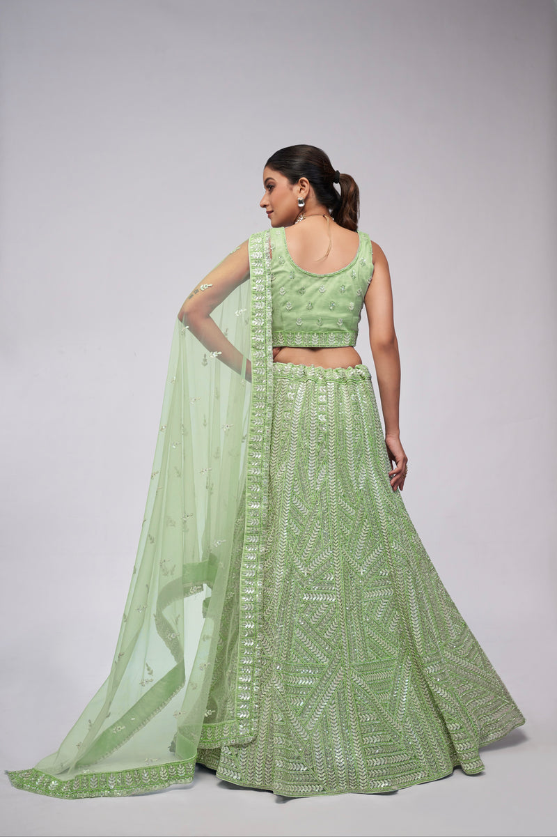 Elegant Green Net Lehenga with Sequin Leaves - Bridal Wear
