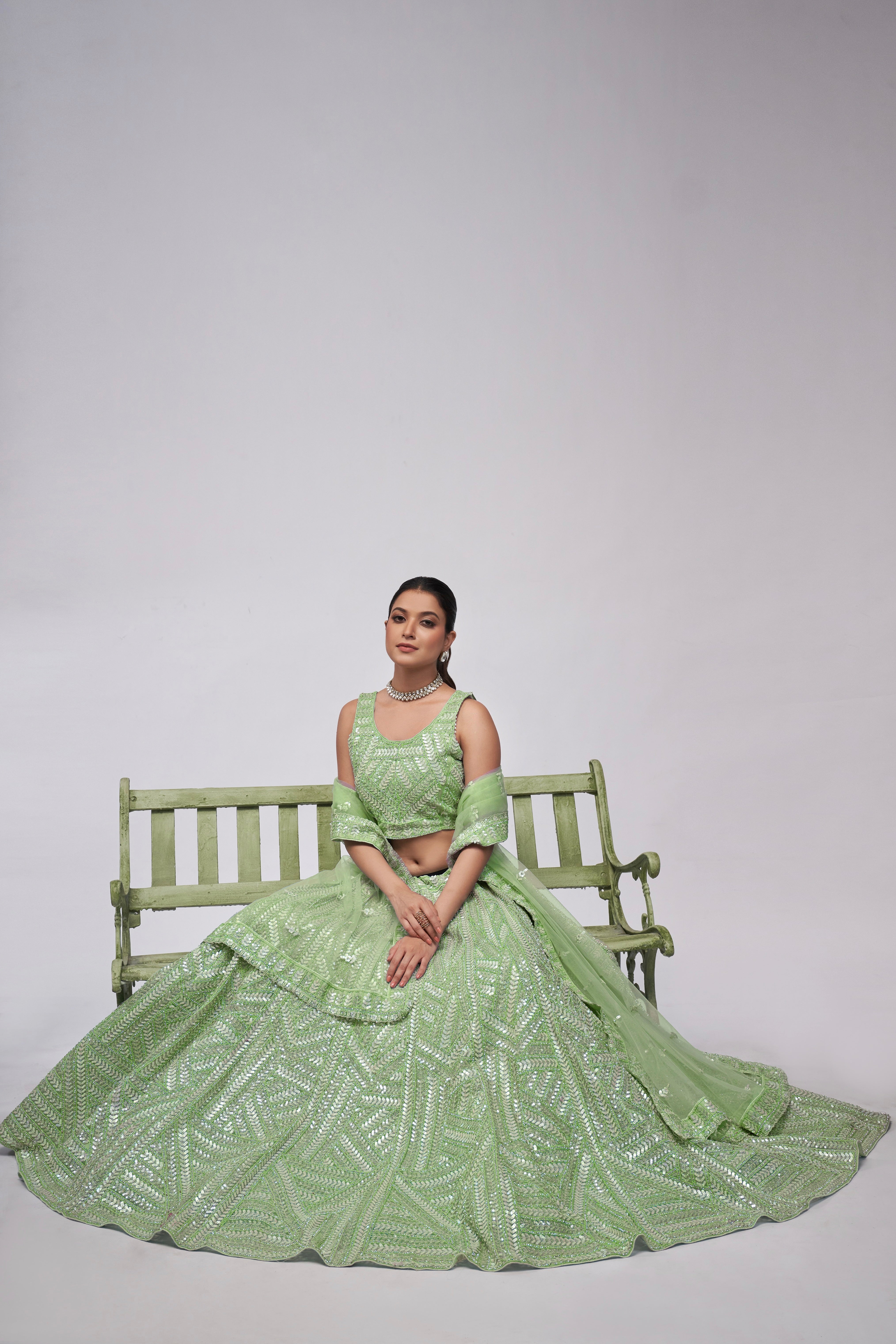 Elegant Green Net Lehenga with Sequin Leaves - Bridal Wear