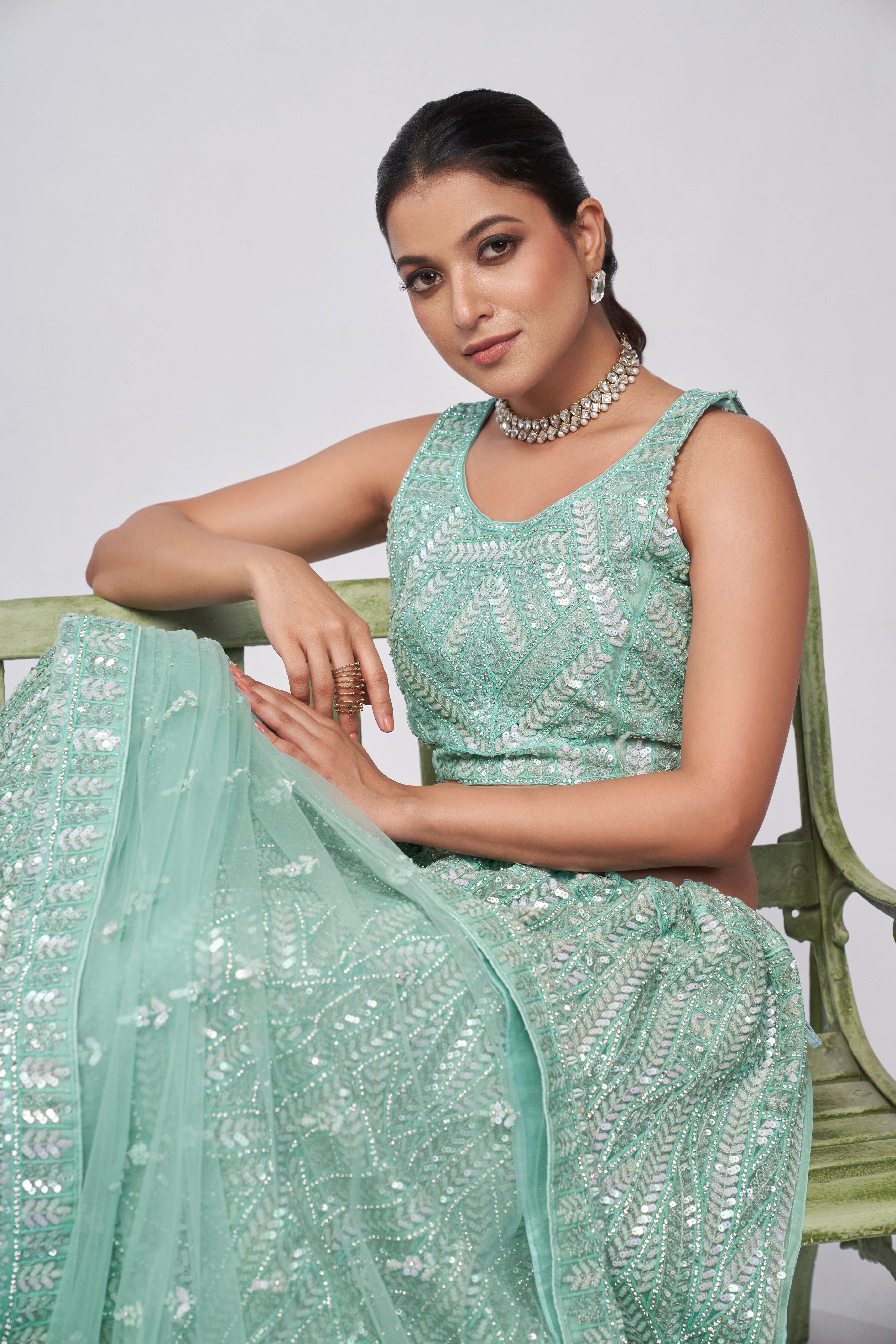 Elegant Sky Blue Sequins Work Lehenga Set