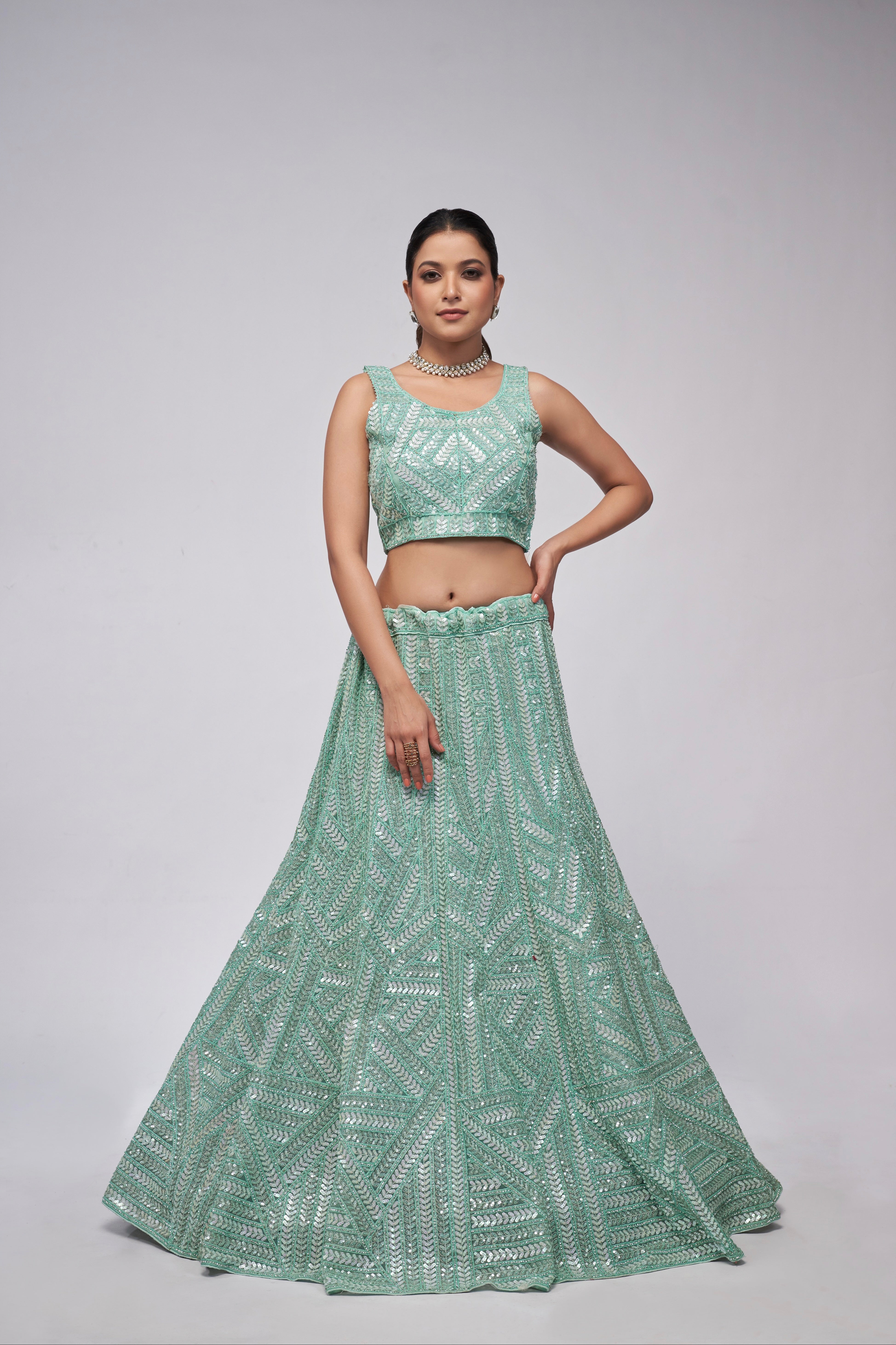 Elegant Sky Blue Sequins Work Lehenga Set