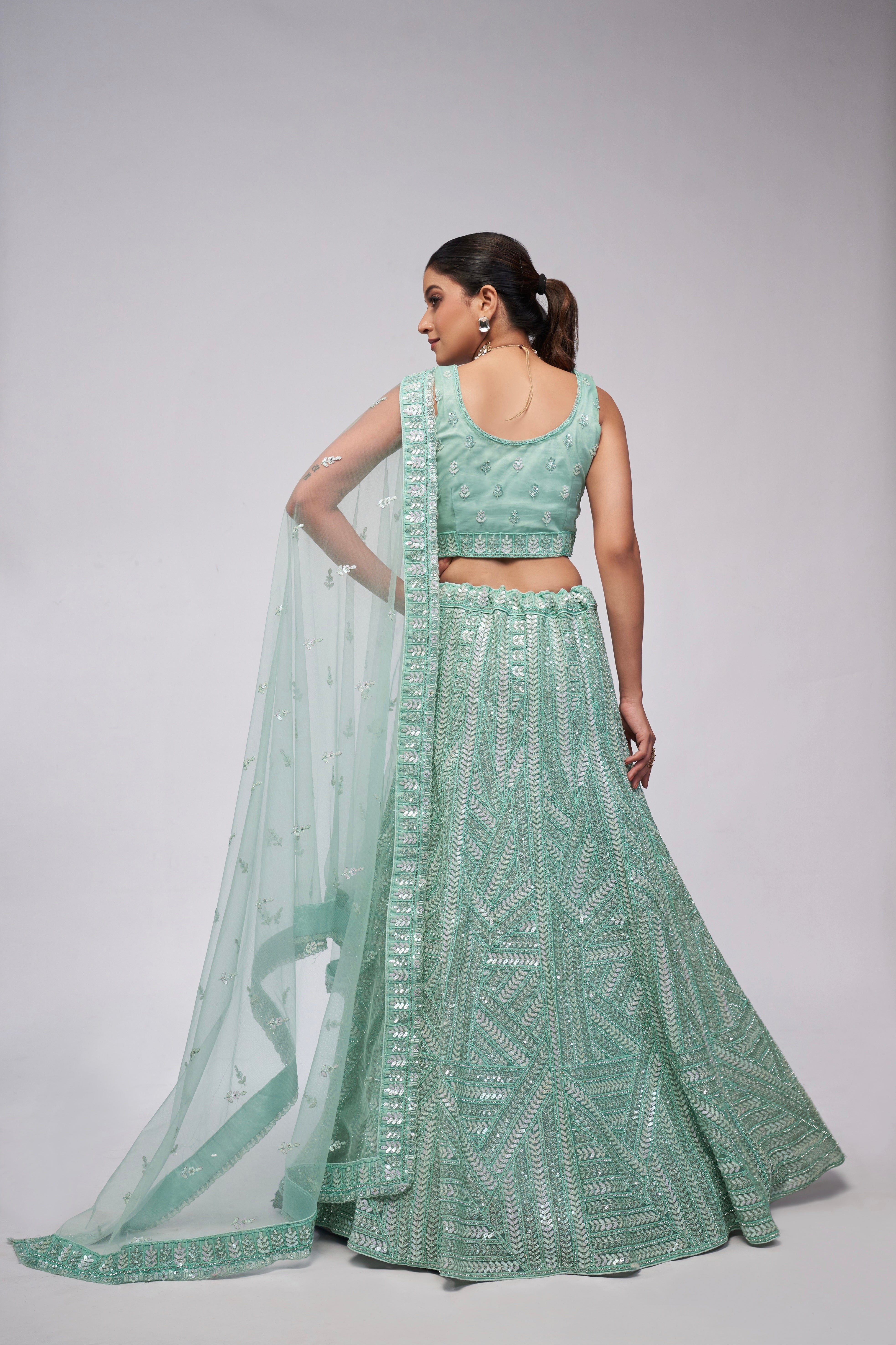 Elegant Sky Blue Sequins Work Lehenga Set