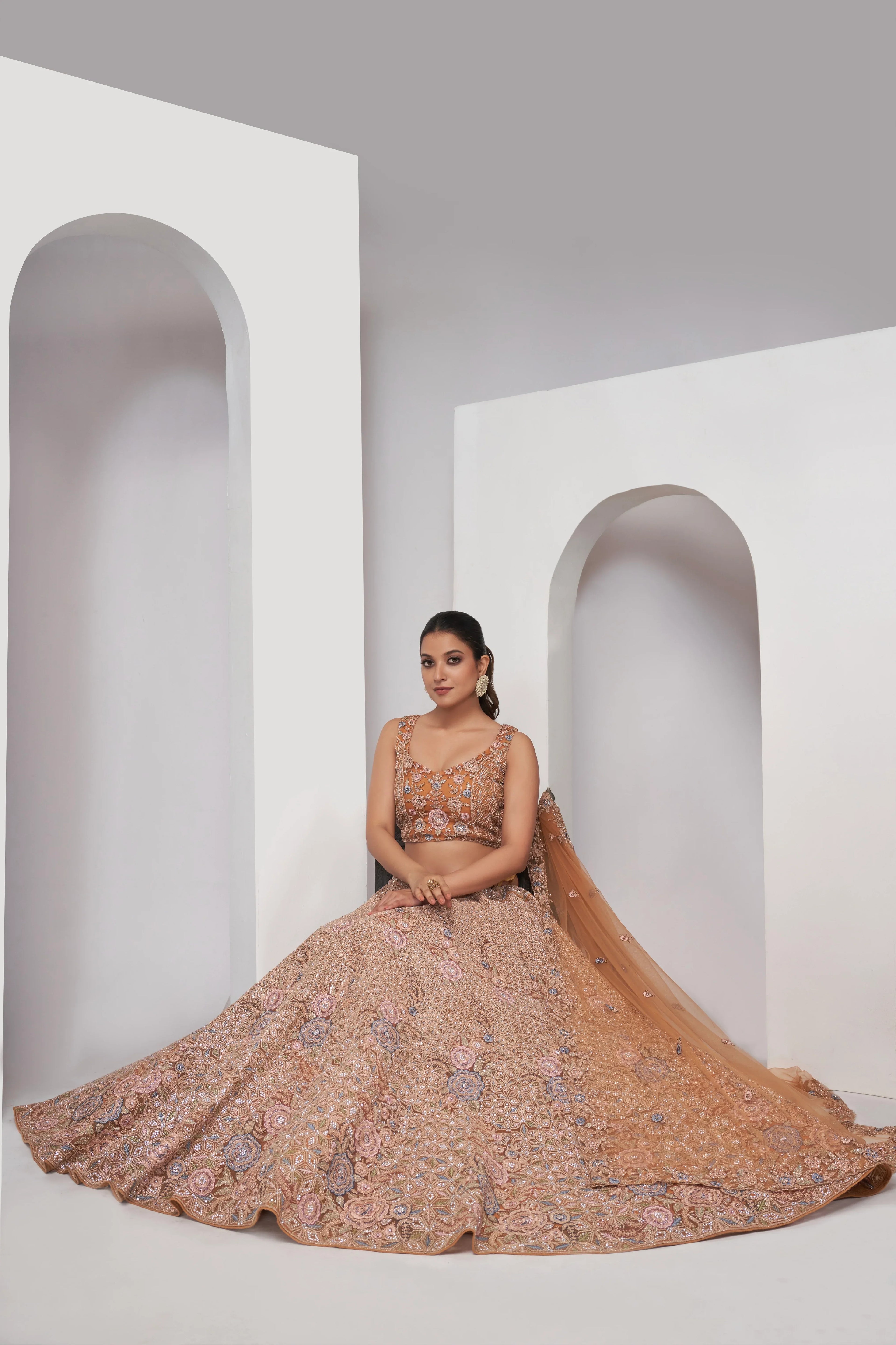 Rust Bridal Lehenga with Zari Embroidery &amp; Sequin Work
