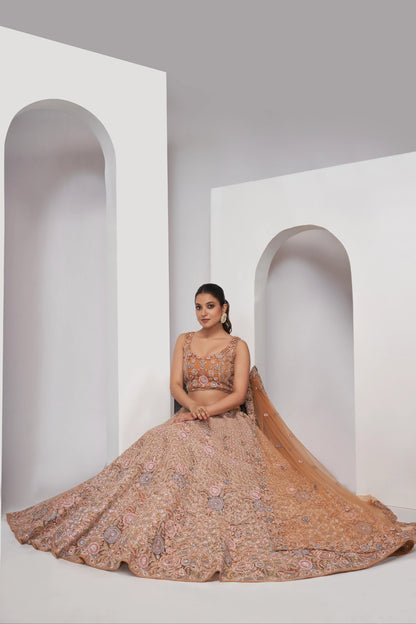 Rust Bridal Lehenga with Zari Embroidery &amp; Sequin Work
