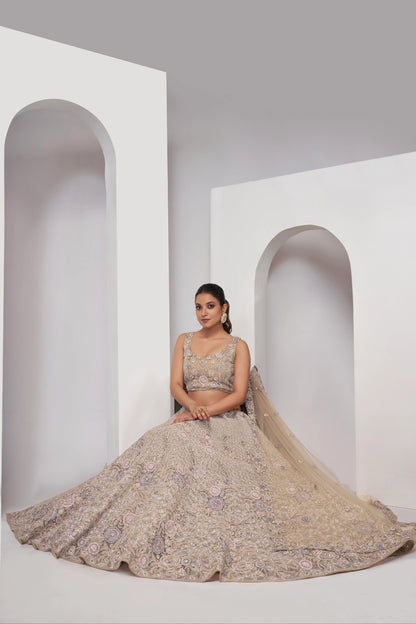 Golden Bridal Lehenga with Zari Embroidery &amp; Sequin Work