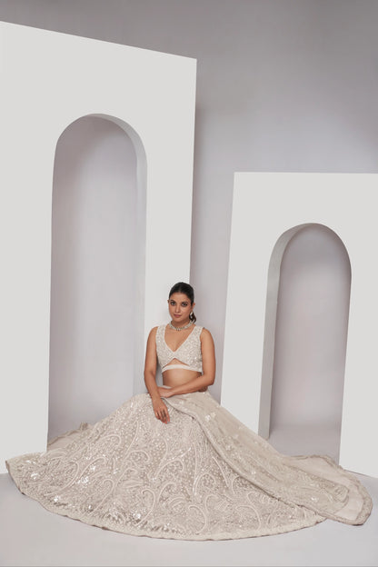 Ivory Paisley Patterned Lehenga with Sequins &amp; Thread Work