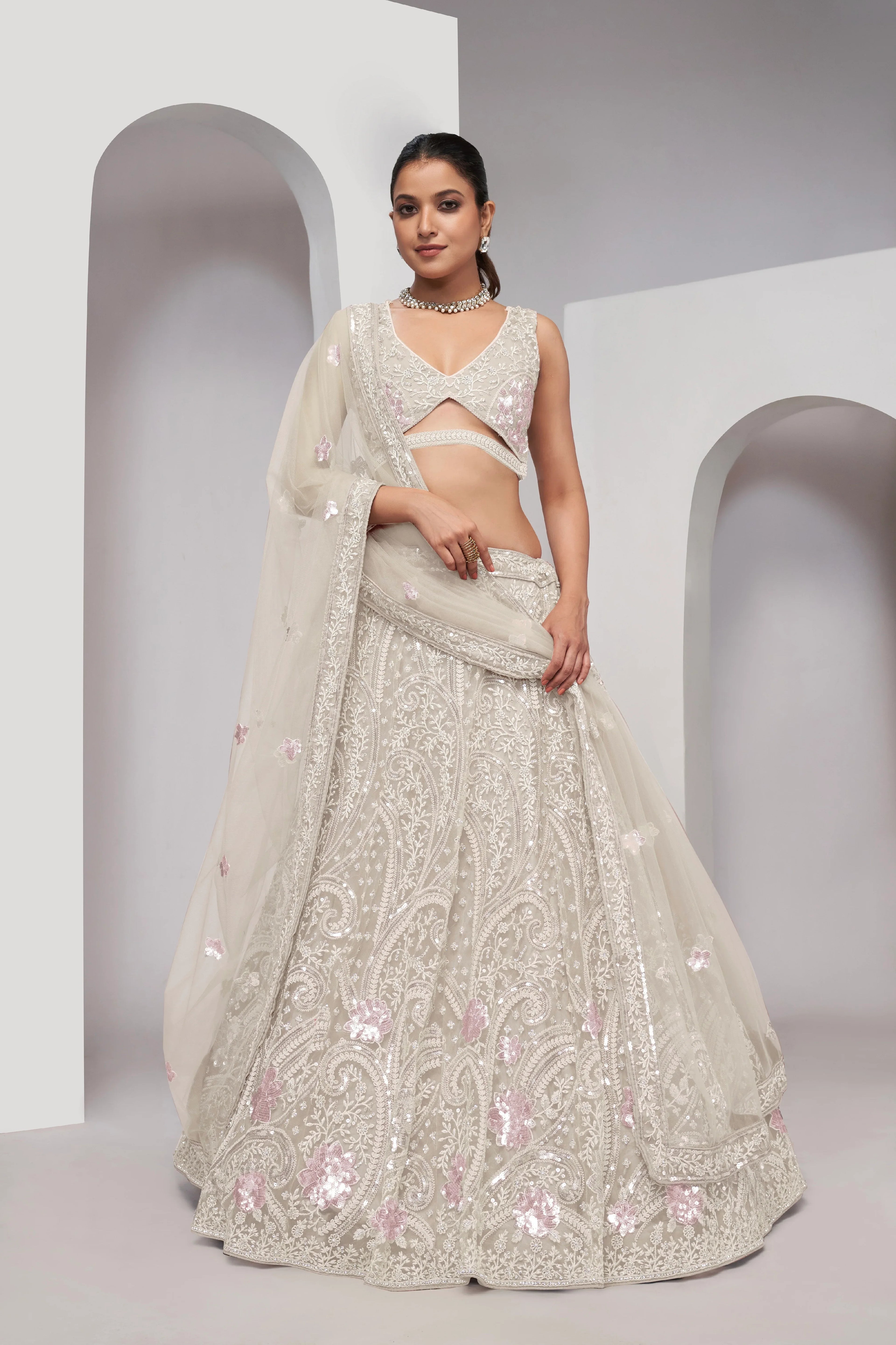 Ivory Paisley Patterned Lehenga with Sequins &amp; Thread Work