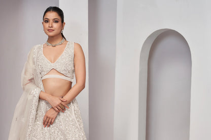 Ivory Paisley Patterned Lehenga with Sequins &amp; Thread Work
