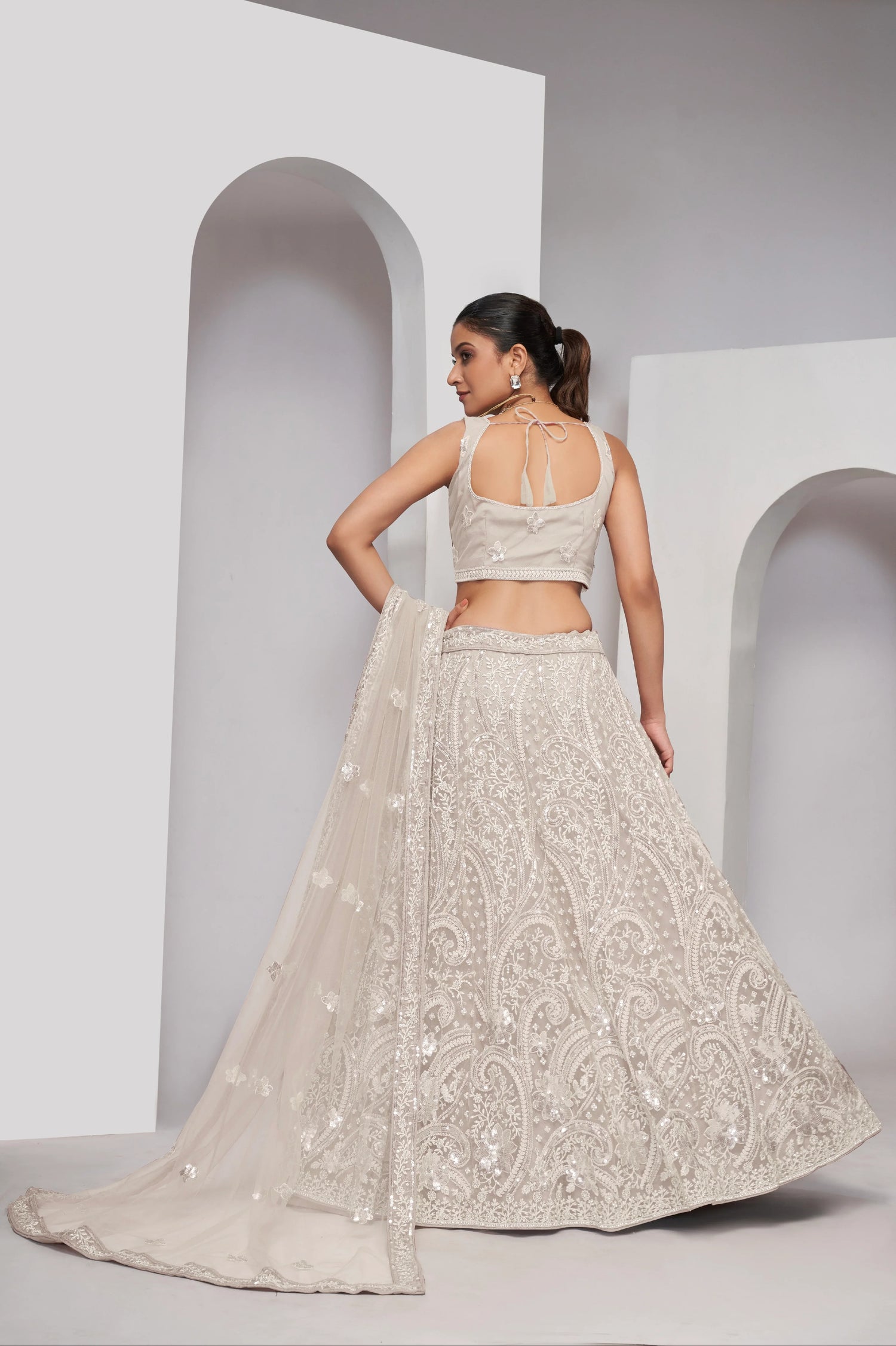 Ivory Paisley Patterned Lehenga with Sequins &amp; Thread Work