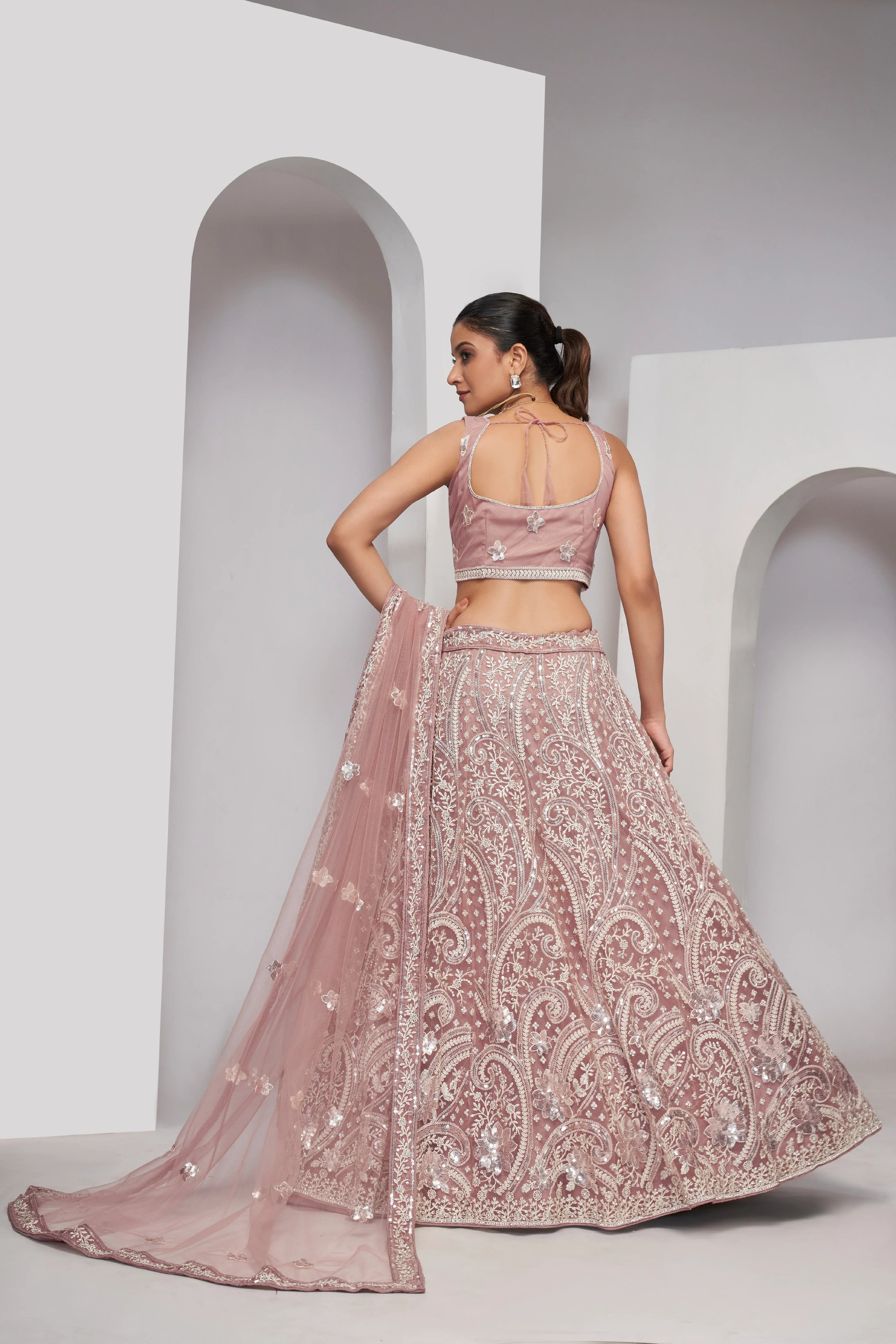 Chiku Paisley Patterned Lehenga with Sequins &amp; Thread Work