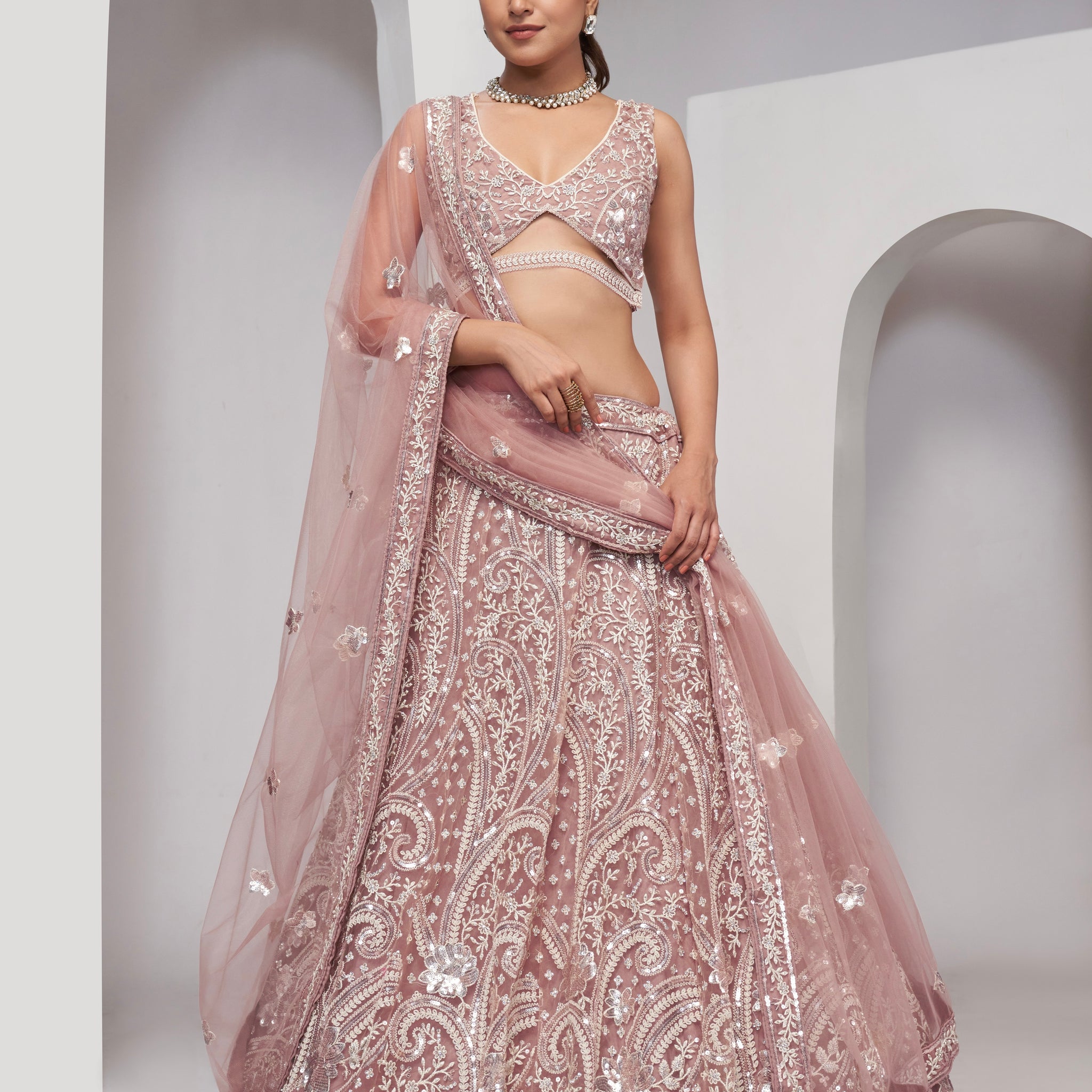 Chiku Paisley Patterned Lehenga with Sequins & Thread Work