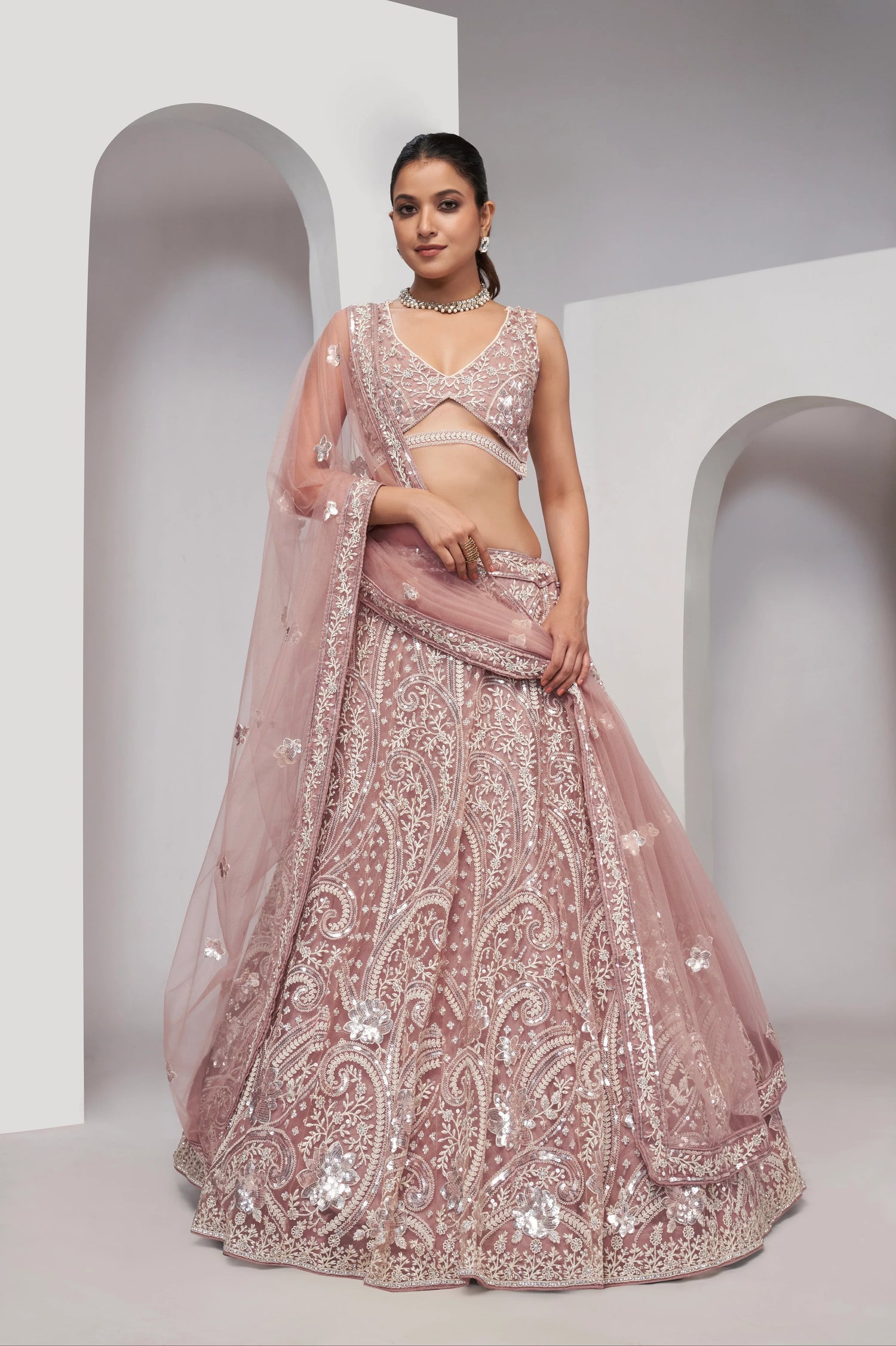 Chiku Paisley Patterned Lehenga with Sequins &amp; Thread Work