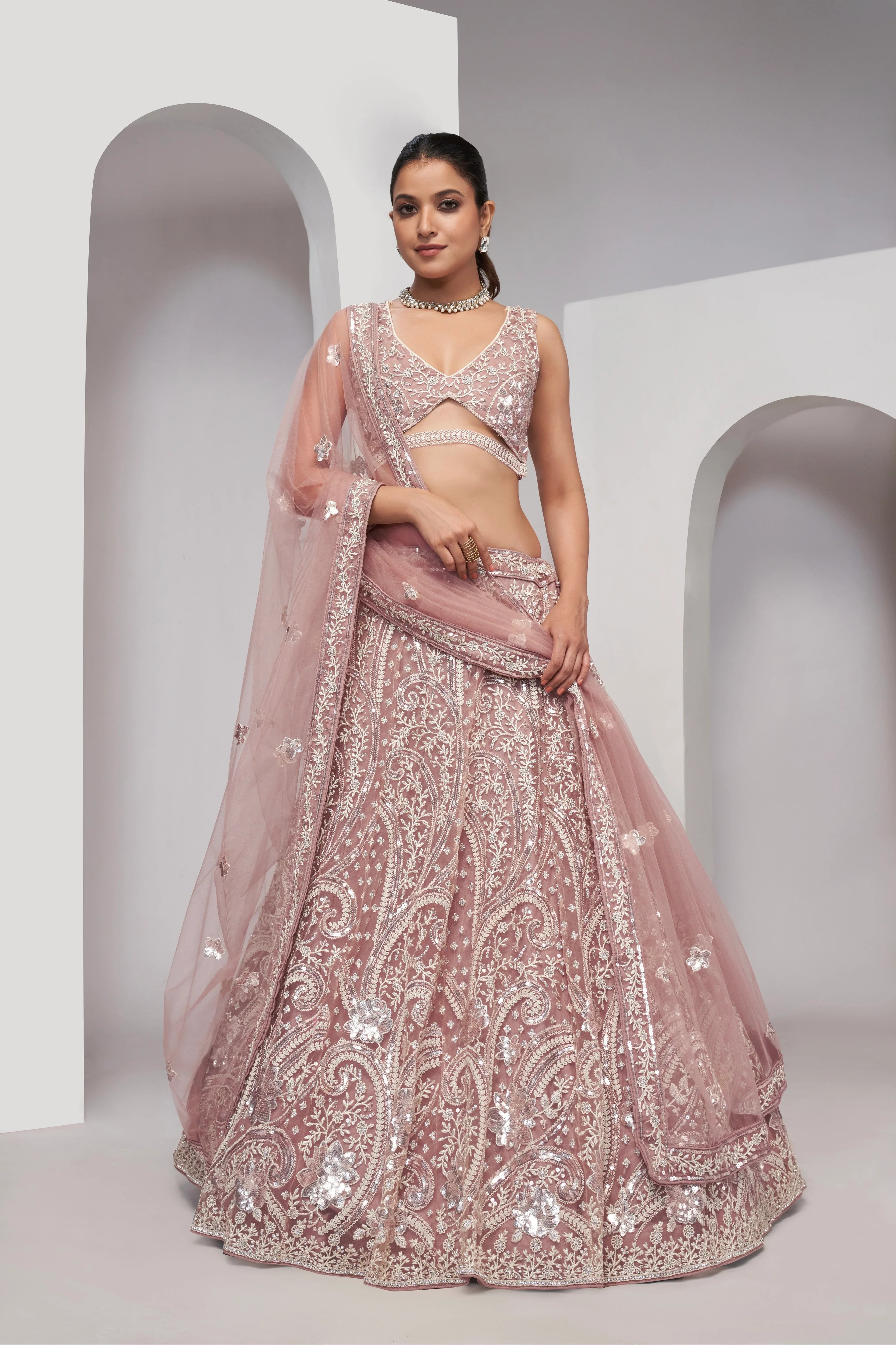 Chiku Paisley Patterned Lehenga with Sequins &amp; Thread Work